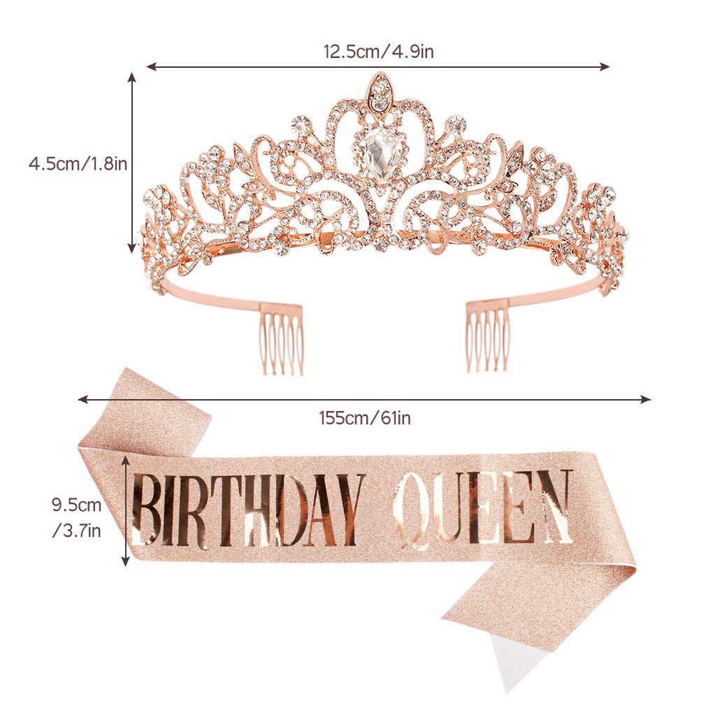 Elegant Crystal Rose Gold Tiara for Women - Birthday Queen Crown with Combs & Sash | Princess Party Hair Accessories for Women & Girls | Perfect for Birthday Celebrations, Pageants, Weddings & Special Occasions