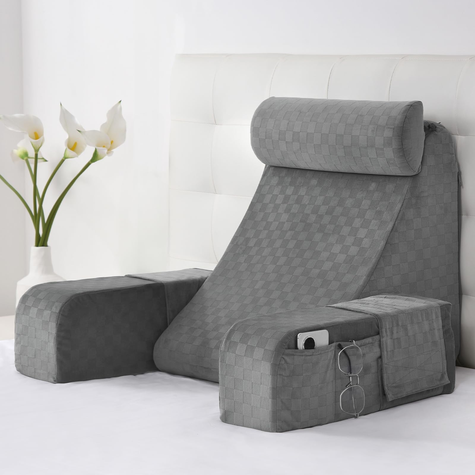 Vekkia Reading Pillow for Adults - Adjustable Backrest Support Pillow with Arms & Large Pockets - Perfect for Bed, Floor, Sofa - Ideal for Reading, Gaming, Working, Watching TV & Relaxing - 19 Inch Grey