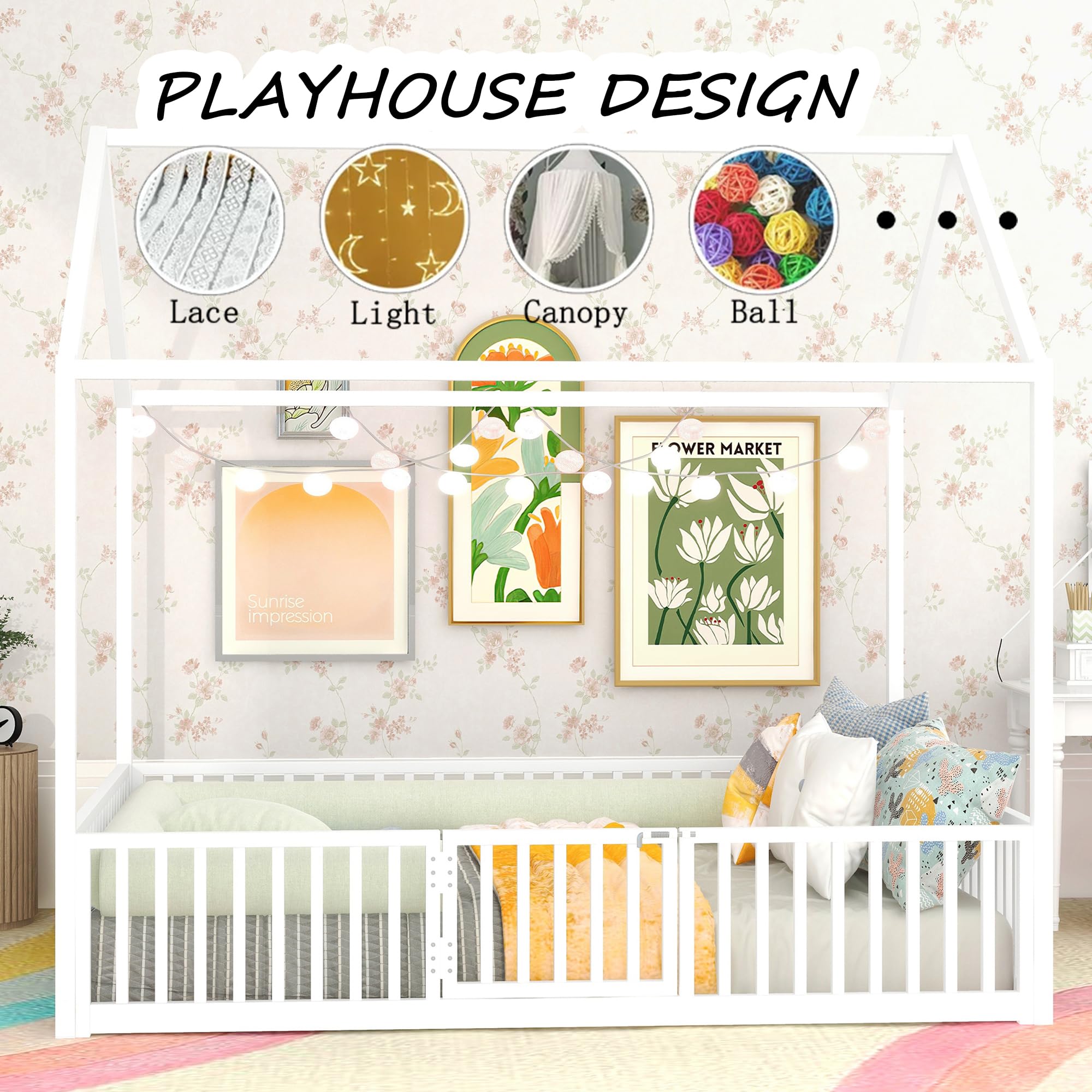 White Full Size Montessori Floor Bed Frame with Door & High Fence - Safe Kids House Bed for Boys & Girls | Perfect for Toddler Rooms, Daycare Centers & Montessori Classrooms