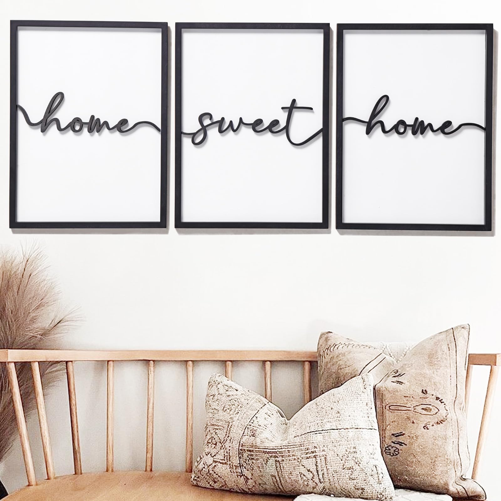 3D Wood 'Home Sweet Home' Wall Art - Modern Framed Sign for Living Room Decor (Set of 3, 12x16 Inch, Ready to Hang) - Perfect for Farmhouse, Rustic & Cozy Home Décor