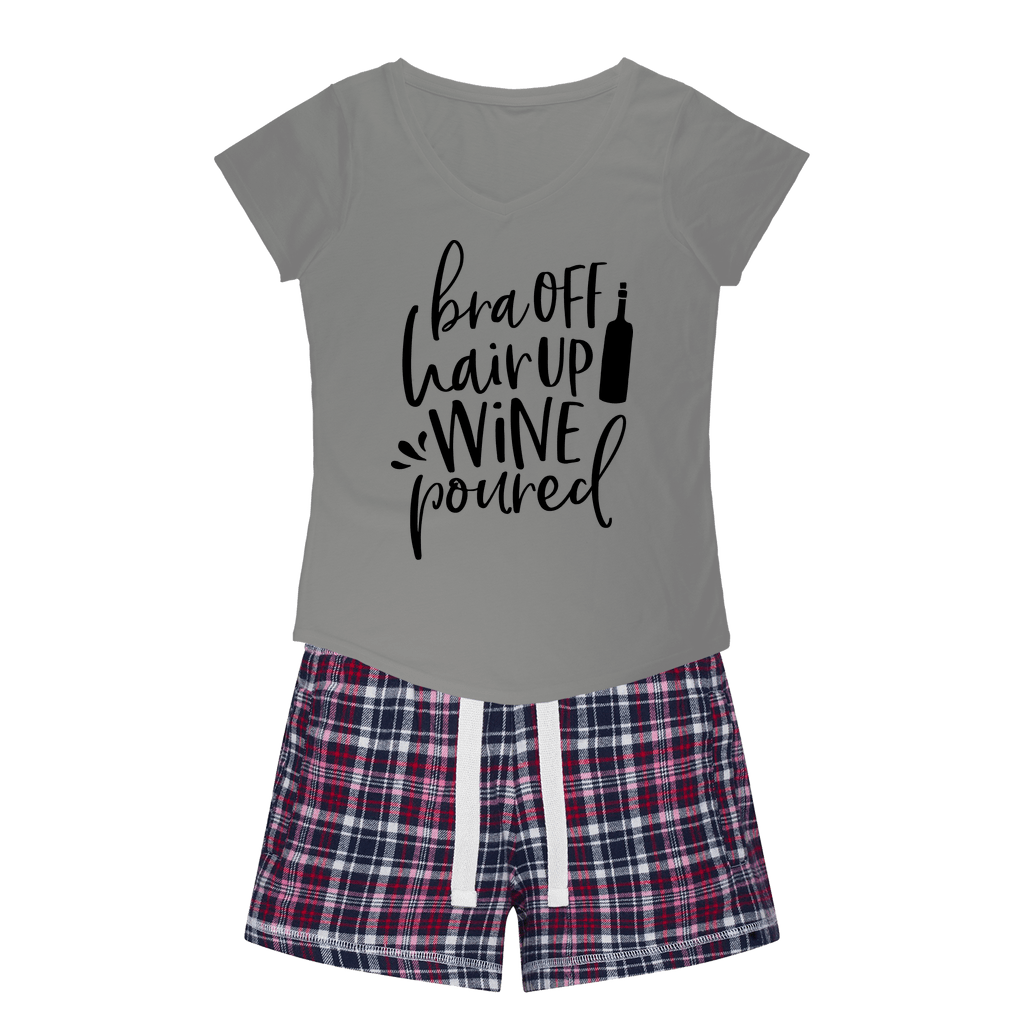 WineyBitches.Co Women's Funny Sleepy Tee & Flannel Shorts Set - 'Bra Off Hair Up Wine Poured' Slogan Graphic - Comfy Lounge & Sleepwear for Wine Lovers