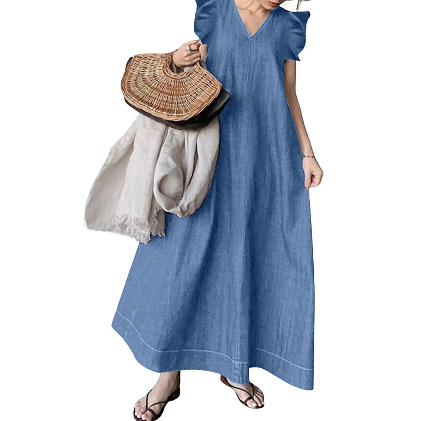 UTCoco Women's Long Denim Dress - Casual Loose Fit Ruffle Sleeveless V-Neck Maxi Dress for Summer 2025 | Beach Cover Up, Boho Outfit, Streetwear Fashion