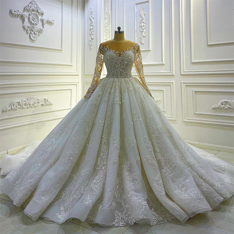 Elegant Long Sleeve Lace Applique Wedding Dress AM1048 - High Quality Bridal Gown for Church Ceremony & Formal Events