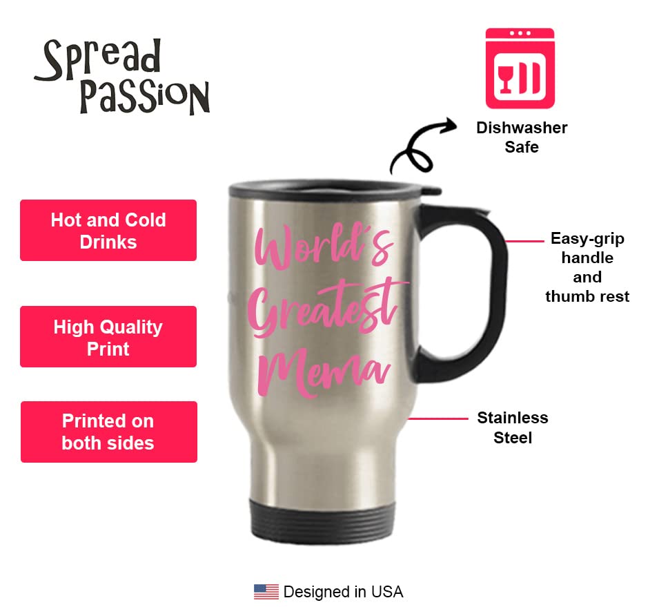 World's Best Mema Travel Mug - 14oz Stainless Steel Tumbler with Lid | Perfect Gift for Grandma Birthday, Christmas & Mother's Day | Keeps Drinks Hot/Cold for Hours - Ideal for Travel, Work & Home Use