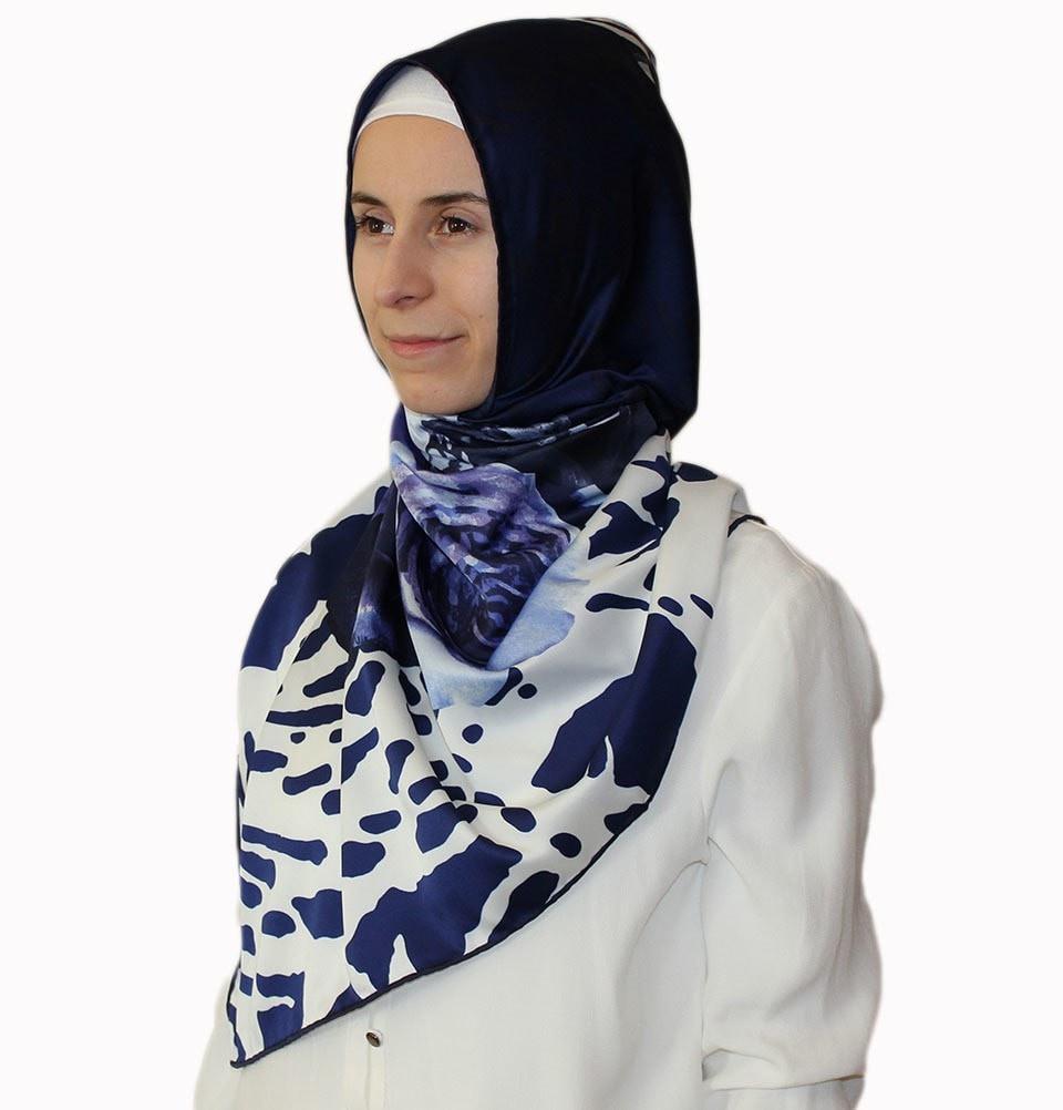 Aker Satin Square Hijab Scarf 6648 921 Blue & White - Soft & Breathable Muslim Headscarf for Women, Perfect for Daily Wear, Prayer, and Special Occasions