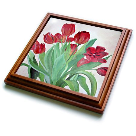 3D Rose Ceramic Tile Trivet - 8x8 Inch Brown Decorative Hot Plate with Red Tulip Bouquet Design for Kitchen, Dining Table, and Home Decor