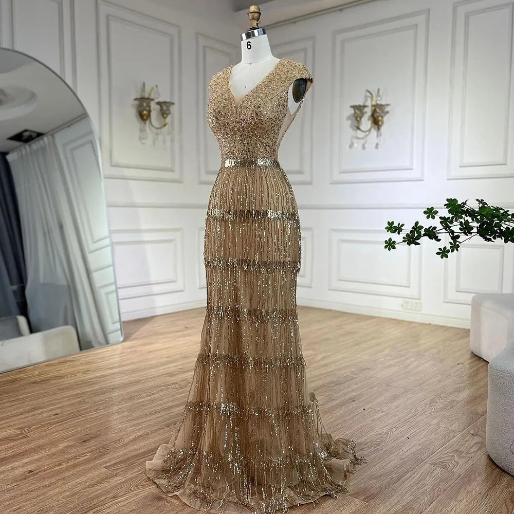 Luxury Dubai Arabic Mermaid Evening Gown with Gold Tassel Beading - Elegant Women's Wedding Party Dress for Special Occasions - Perfect for Bridal Showers, Galas and Formal Events 2025 LA72581