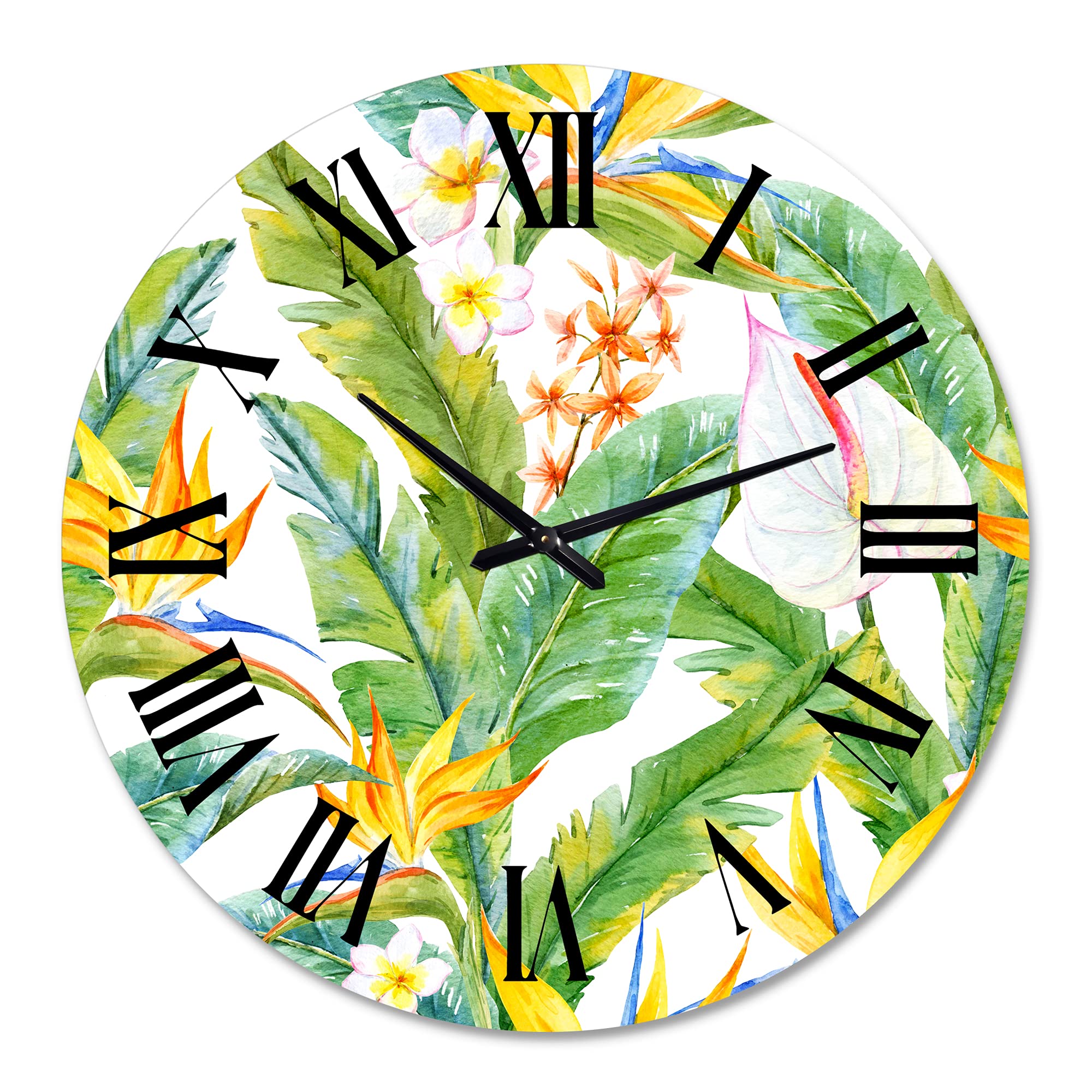 DesignQ Modern Wall Clock 'Tropical Foliage and Yellow Flowers II' - Large Floral Botanical Wall Clock for Kitchen, Living Room, Bedroom & Office Decor - Perfect for Home, Office and Gift Giving