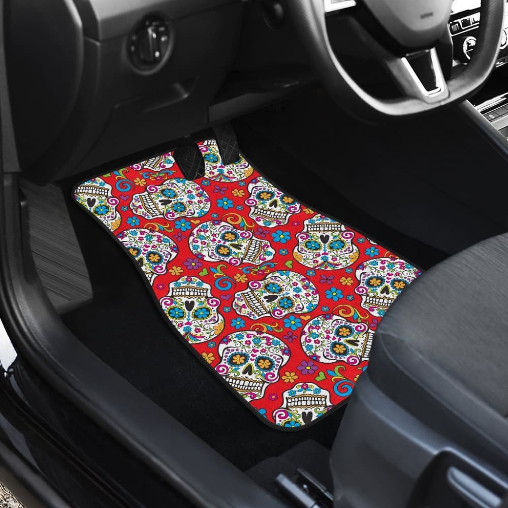 4 Pcs Sugar Skull Car Mats - Non-Slip Floor Mats for Cars, Trucks & SUVs - Durable & Easy to Clean - Perfect for Halloween, Dia de Los Muertos & Gothic Car Decor