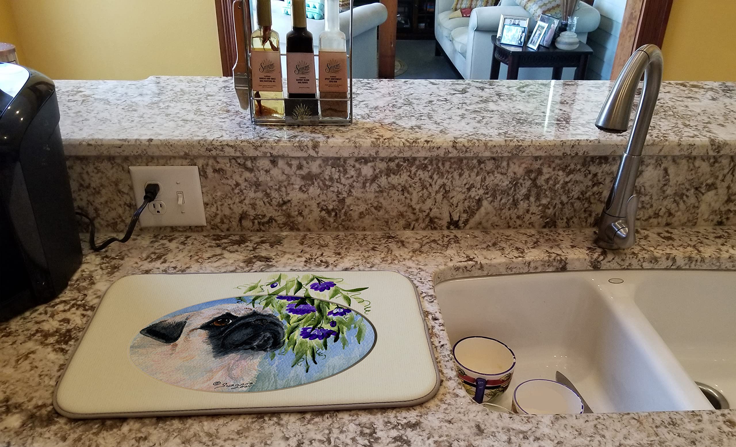 Pug Themed Absorbent Dish Drying Mat - 14x21 Inch Colorful Kitchen Counter Pad | Durable Countertop Drainer for Dishes, Utensils & Cookware | Perfect for Pet Lovers' Kitchens