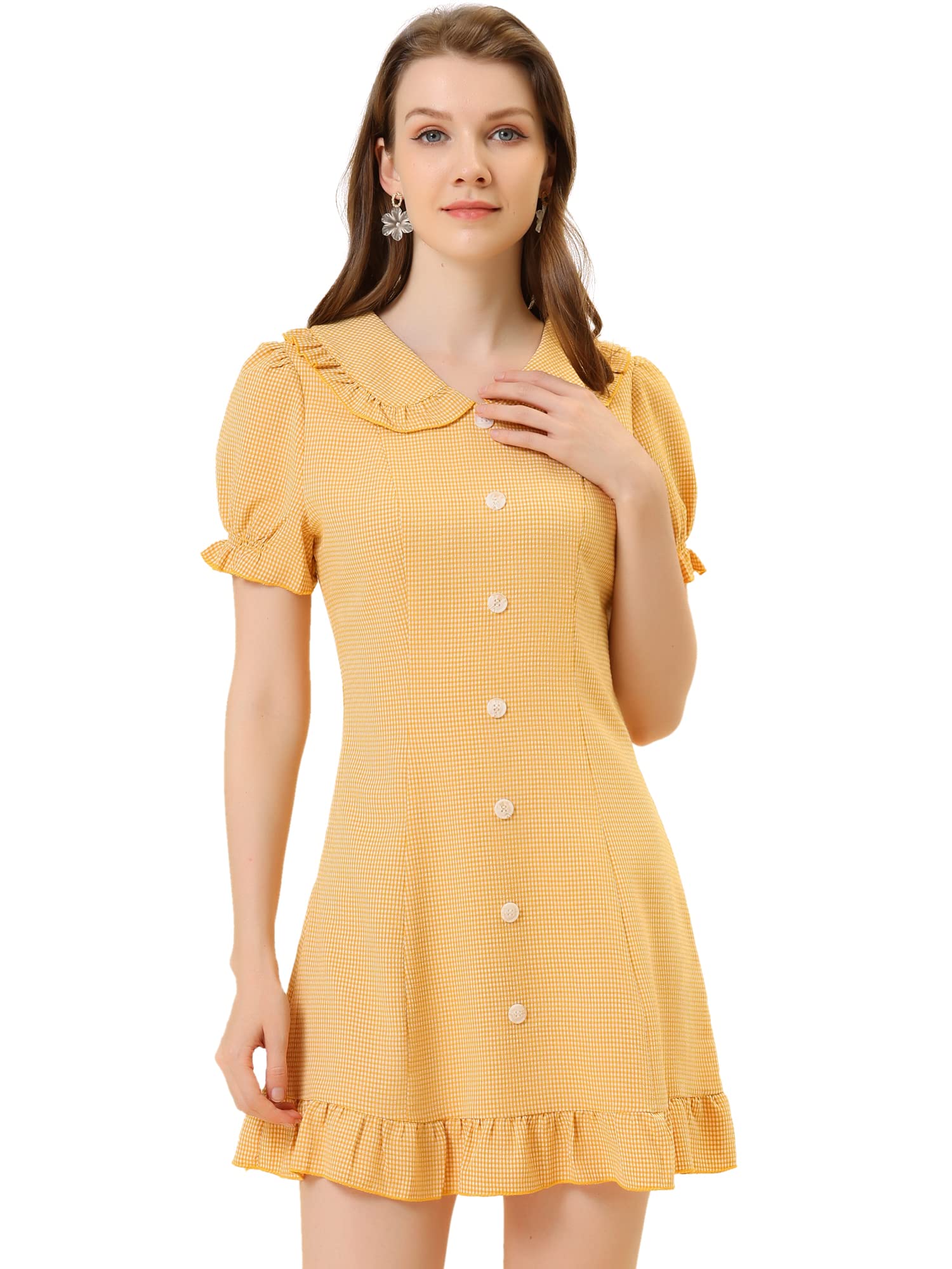 Allegra K Women's Plaid Gingham Ruffled Retro Peter Pan Collar Dress | Vintage Style Floral Print A-Line Dress | Perfect for Parties, Weddings & Casual Outings