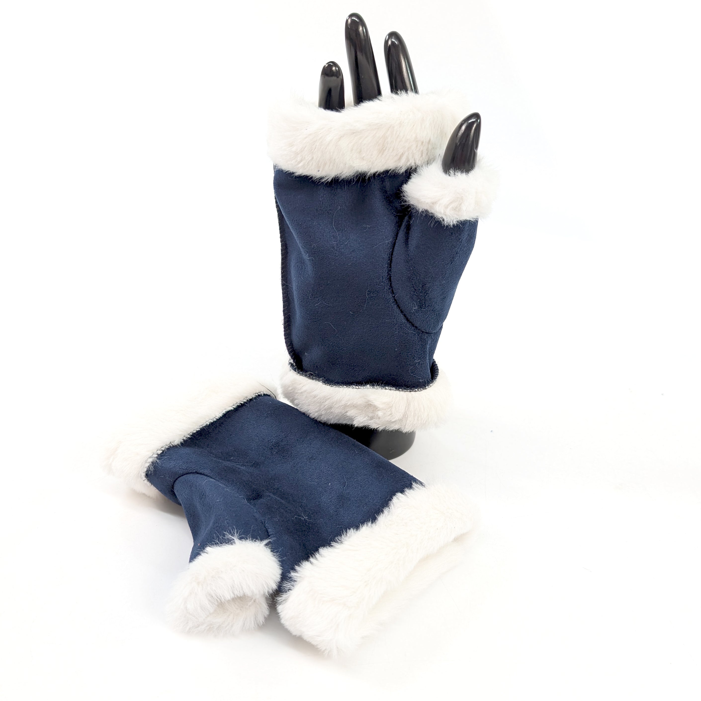 Sheepskin Fingerless Gloves for Women & Men - Soft Warm Winter Gloves, Navy Blue - Perfect for Driving, Typing & Outdoor Activities