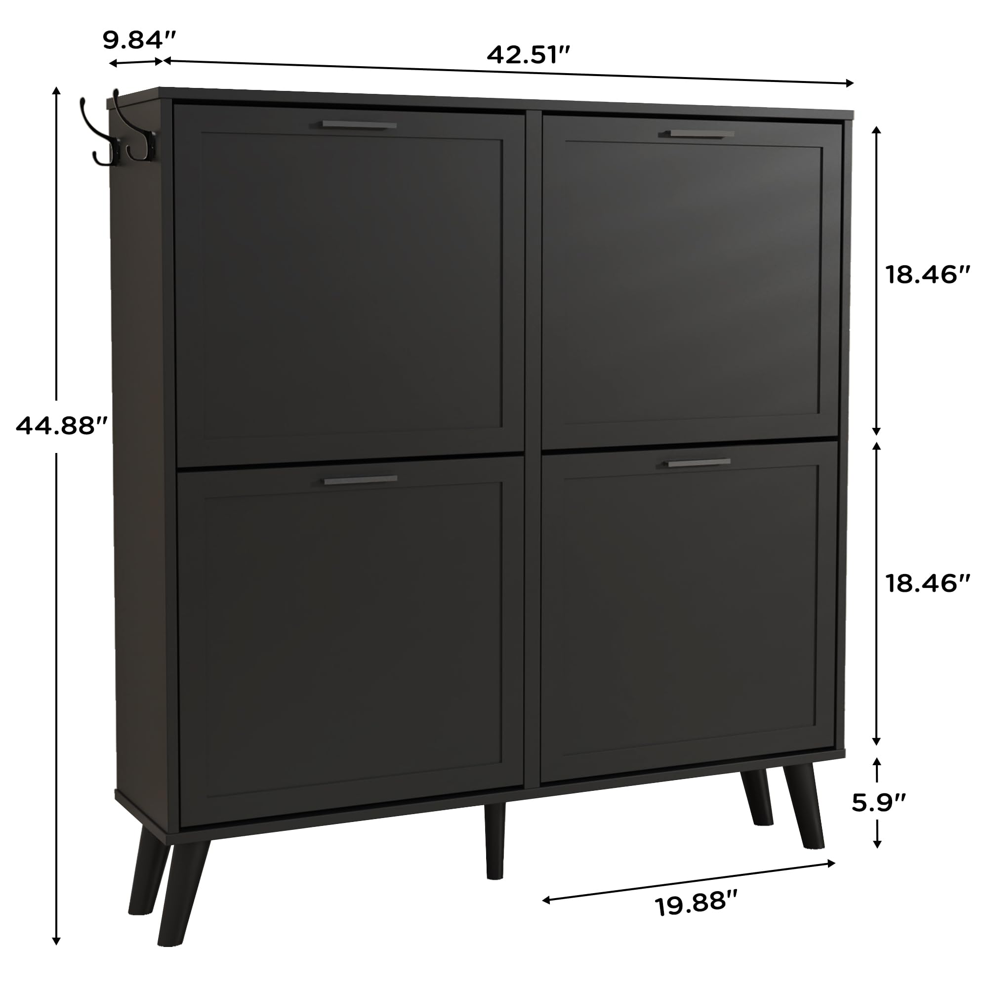 Large Black Shoe Cabinet for Size 16 Shoes - Freestanding 4-Drawer Shoe Organizer with Flip Doors - Narrow Wooden Shoe Rack for Entryway, Closet & Living Room - Perfect for Small Spaces and Shoe Storage Solutions
