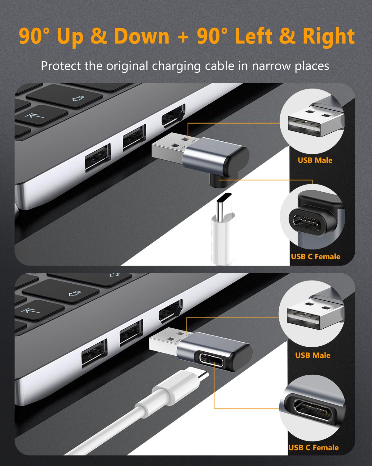 90 Degree USB C to USB Adapter 3 Pack - USB C Female to USB Male Converter for iPhone 15, iPad Pro/Air/Mini, Galaxy, Laptops - Up/Down & Left/Right Angled Design (Gray) - Perfect for Charging, Data Transfer & Travel Use