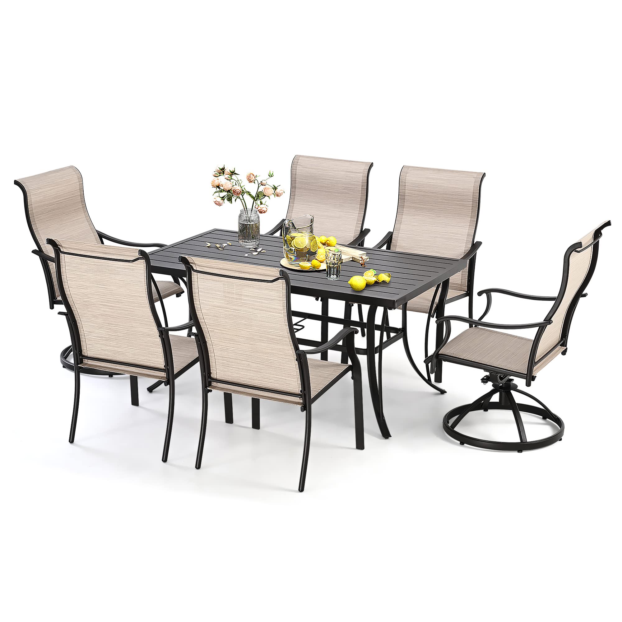 7-Piece Outdoor Dining Set by BACKYADOOR - All-Weather Textilene Patio Furniture with Metal Table (Umbrella Hole) & 6 Chairs - Perfect for Lawn, Deck, Backyard & Poolside (Khaki) | Durable Outdoor Entertaining & Relaxation Solution