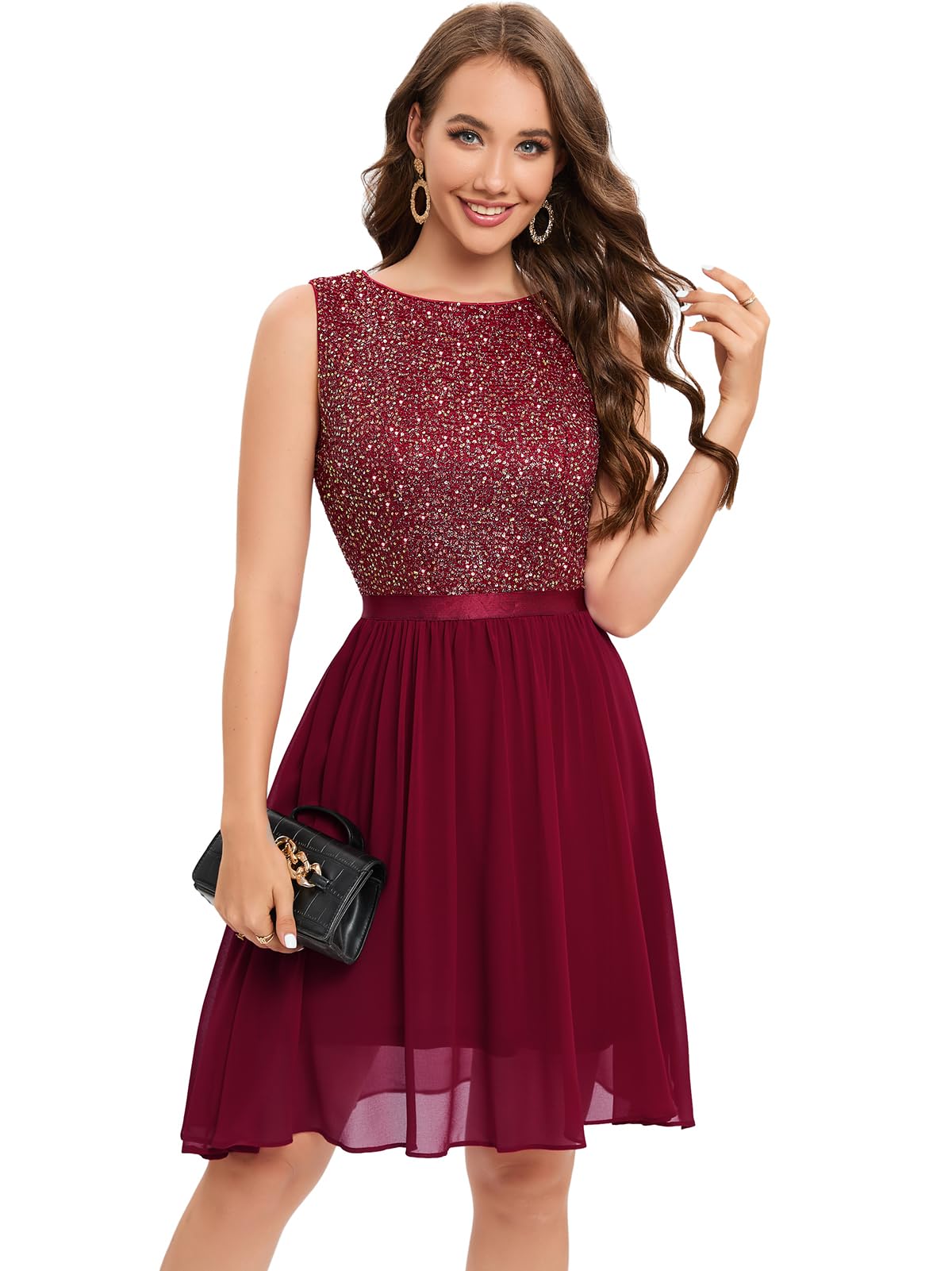**Bbonlinedress Burgundy Sequin Glitter Semi-Formal Dress - Sleeveless Elegant Swing Cocktail Party Dress for Wedding Guest, Prom, Summer Events & Special Occasions**