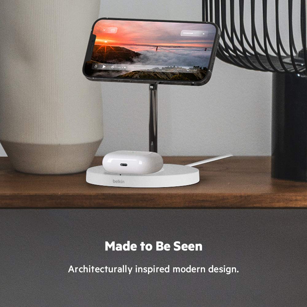 Belkin MagSafe 2-in-1 Wireless Charger Stand - 15W Fast Charging for iPhone 13/12/Pro/Pro Max/Mini & AirPods | Perfect for Bedside, Office Desk & Travel Charging