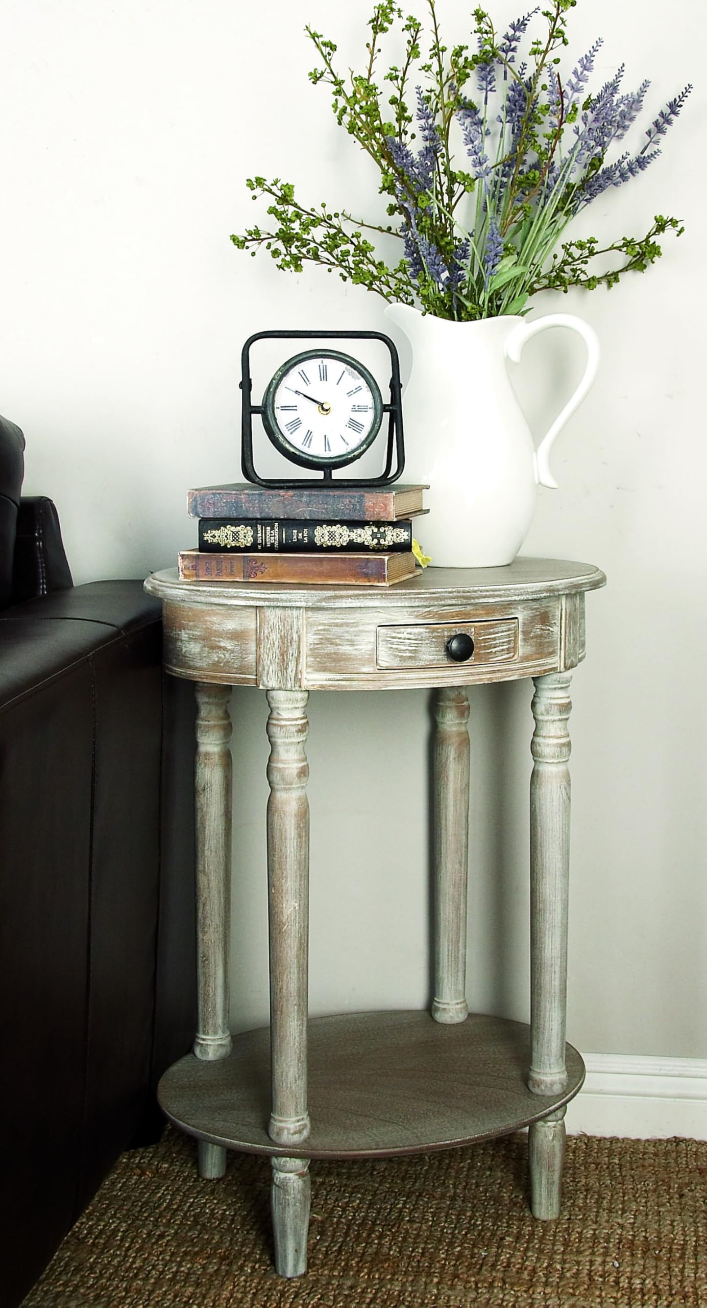 Deco 79 Whitewashed Light Brown Oval Wood Side End Table with 1 Drawer & Shelf, Turned Legs - 20