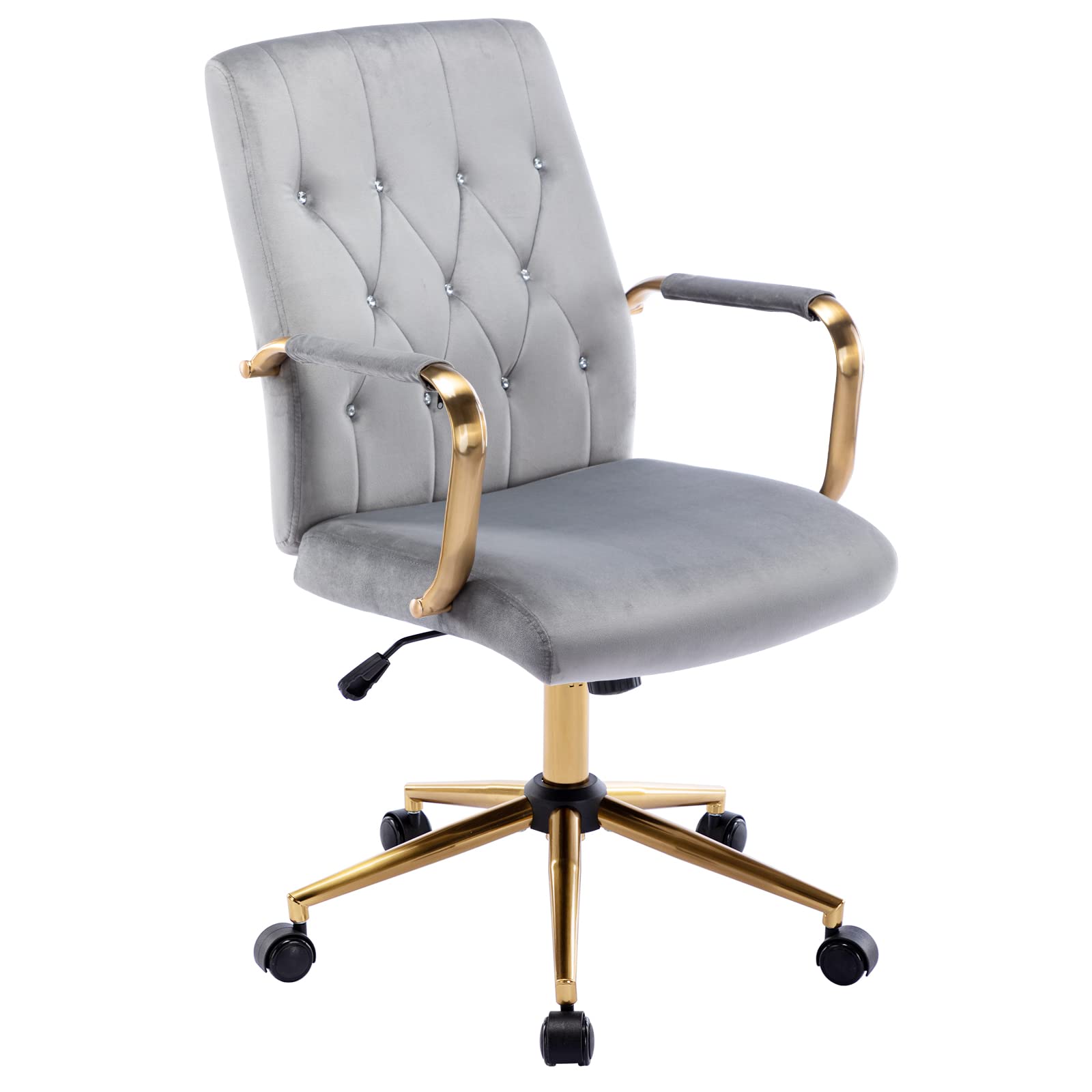 Duhome Velvet Home Office Desk Chair - Modern Gold Task Chair with Wheels, Swivel Adjustable Computer Chair with Armrest & Gold Base (Grey) - Perfect for Workspaces, Gaming Setups & Study Rooms