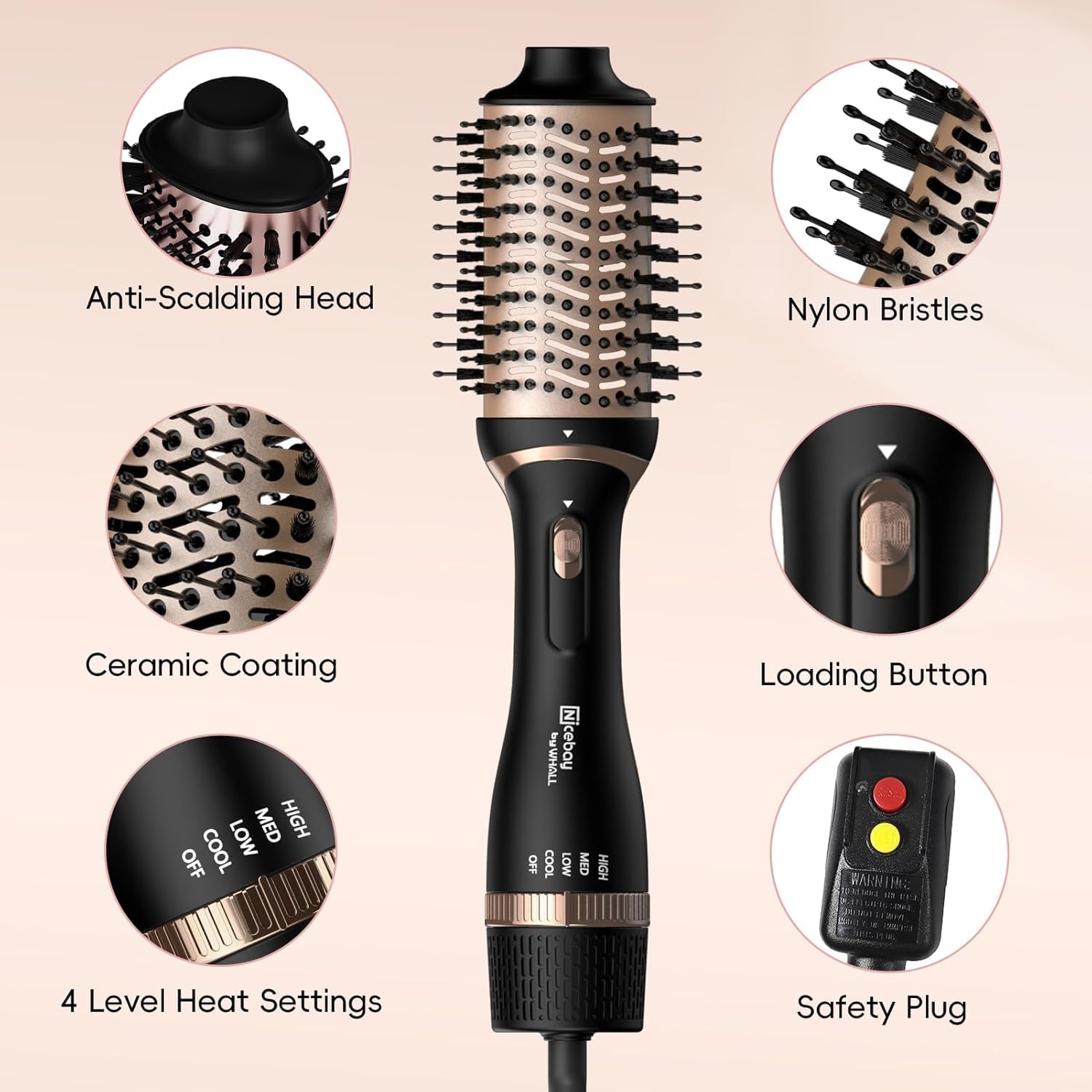 Nicebay 2-in-1 Hair Dryer Brush - Professional Blow Dryer & Styling Brush for Drying, Straightening, Curling & Volumizing Hair | Oval Hot Air Brush with 3 Attachments & Adjustable Temperature | Perfect for Salon-Quality Blowouts at Home, Travel & Daily Styling