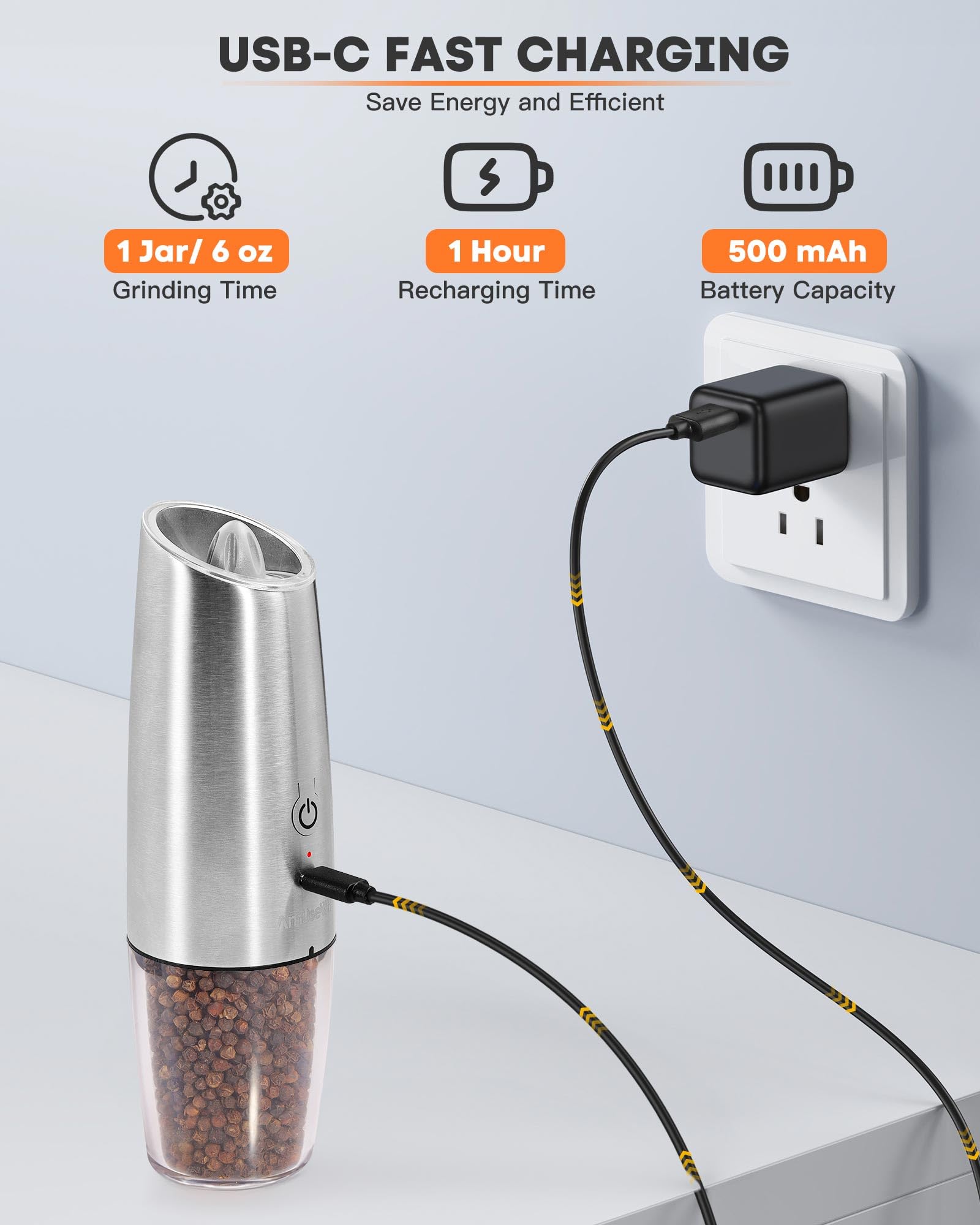 AmuseWit USB Rechargeable Electric Salt and Pepper Grinder Set - Adjustable Coarseness, One-Hand Operation, Stainless Steel Mills with White LED Light - Perfect for Kitchen, Dining Table & Outdoor BBQ