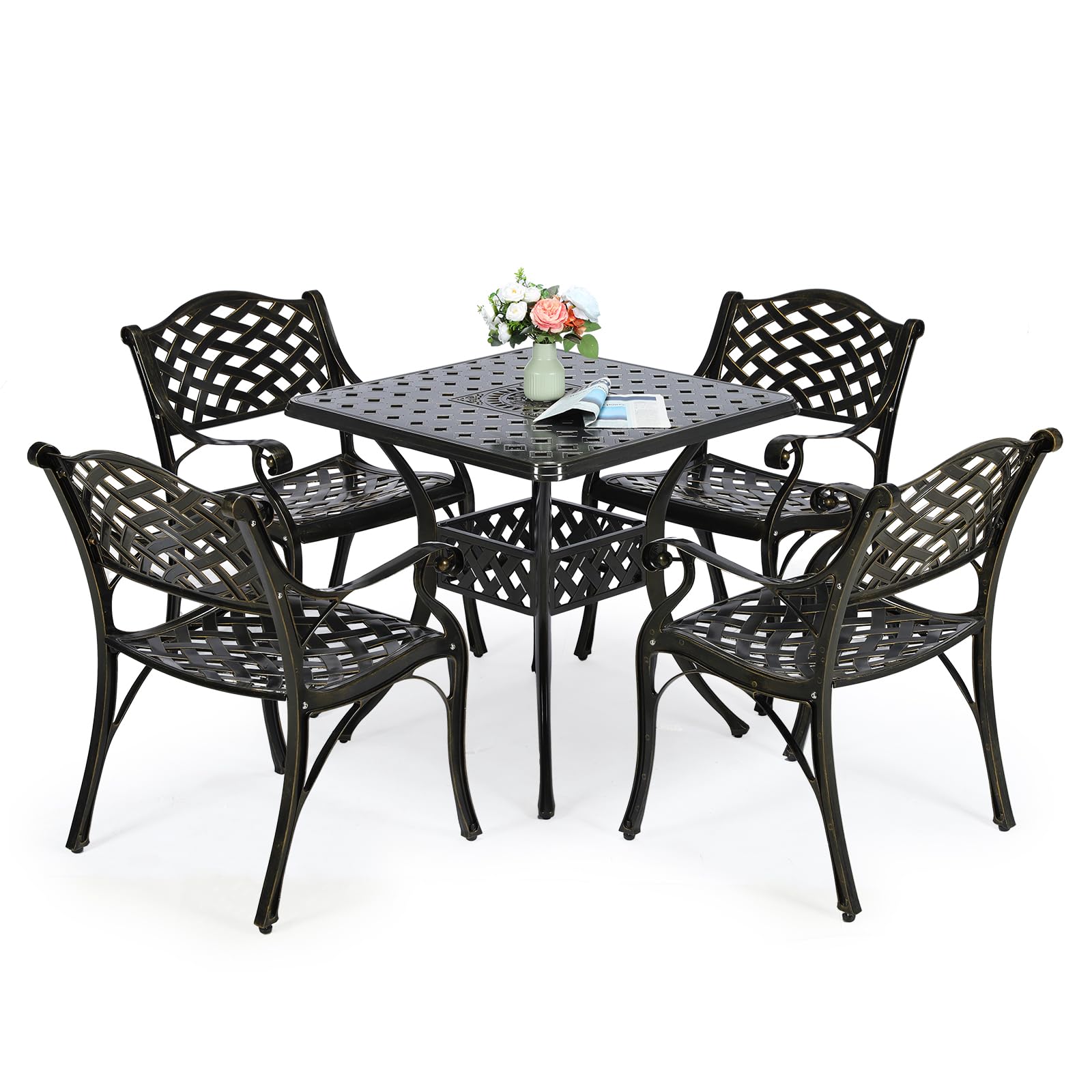 VIVIJASON 5-Piece Outdoor Patio Dining Set - All-Weather Cast Aluminum Conversation Set for Balcony, Lawn, Garden & Backyard - Includes 4 Chairs & 30.5” Square Table with Umbrella Hole - Perfect for Outdoor Entertaining, BBQ Parties & Relaxing in Your Yard