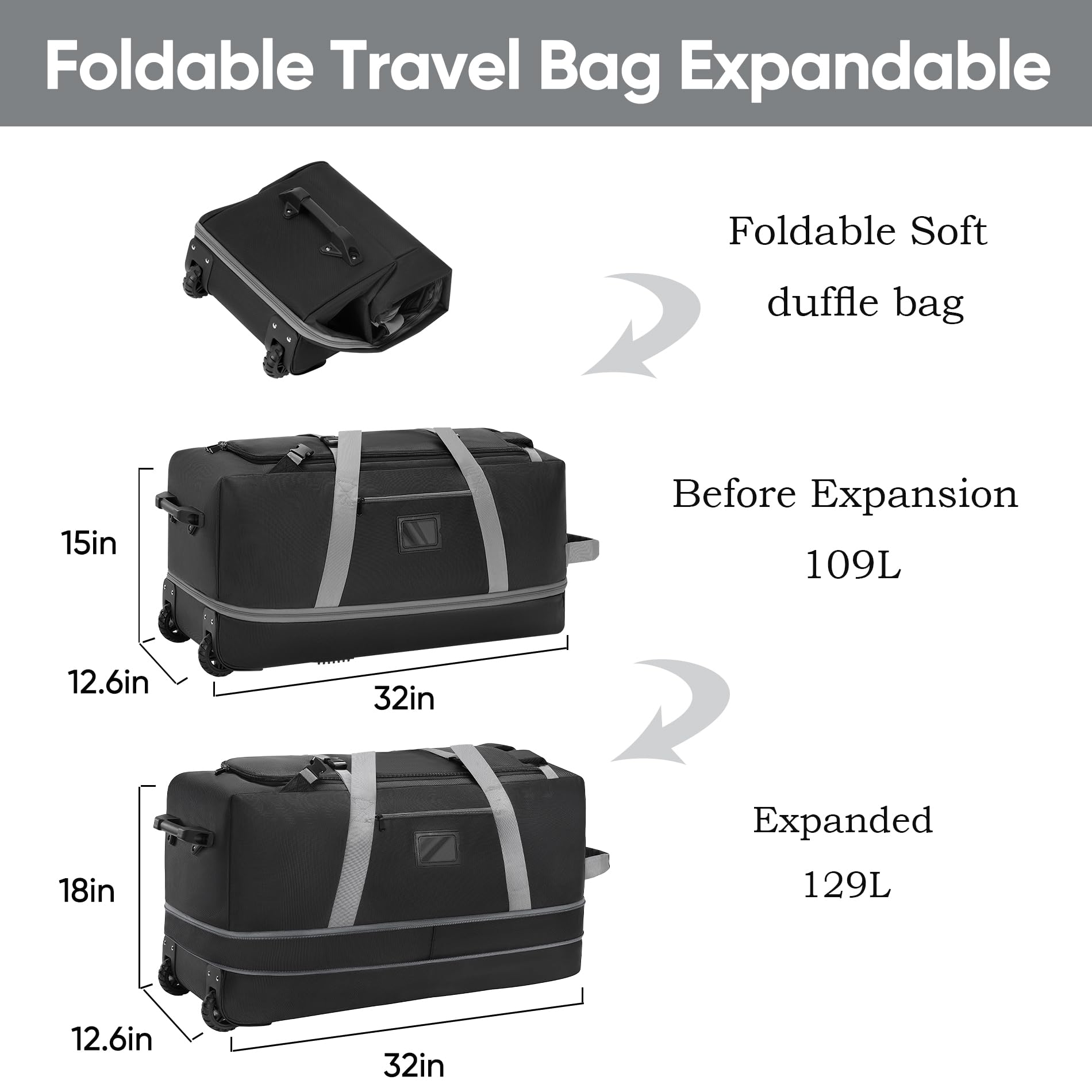 Large Rolling Duffle Bag with Wheels - Expandable 109L to 129L Travel Luggage with Multiple Pockets - Perfect for Air Travel, Road Trips & Gym Gear Storage