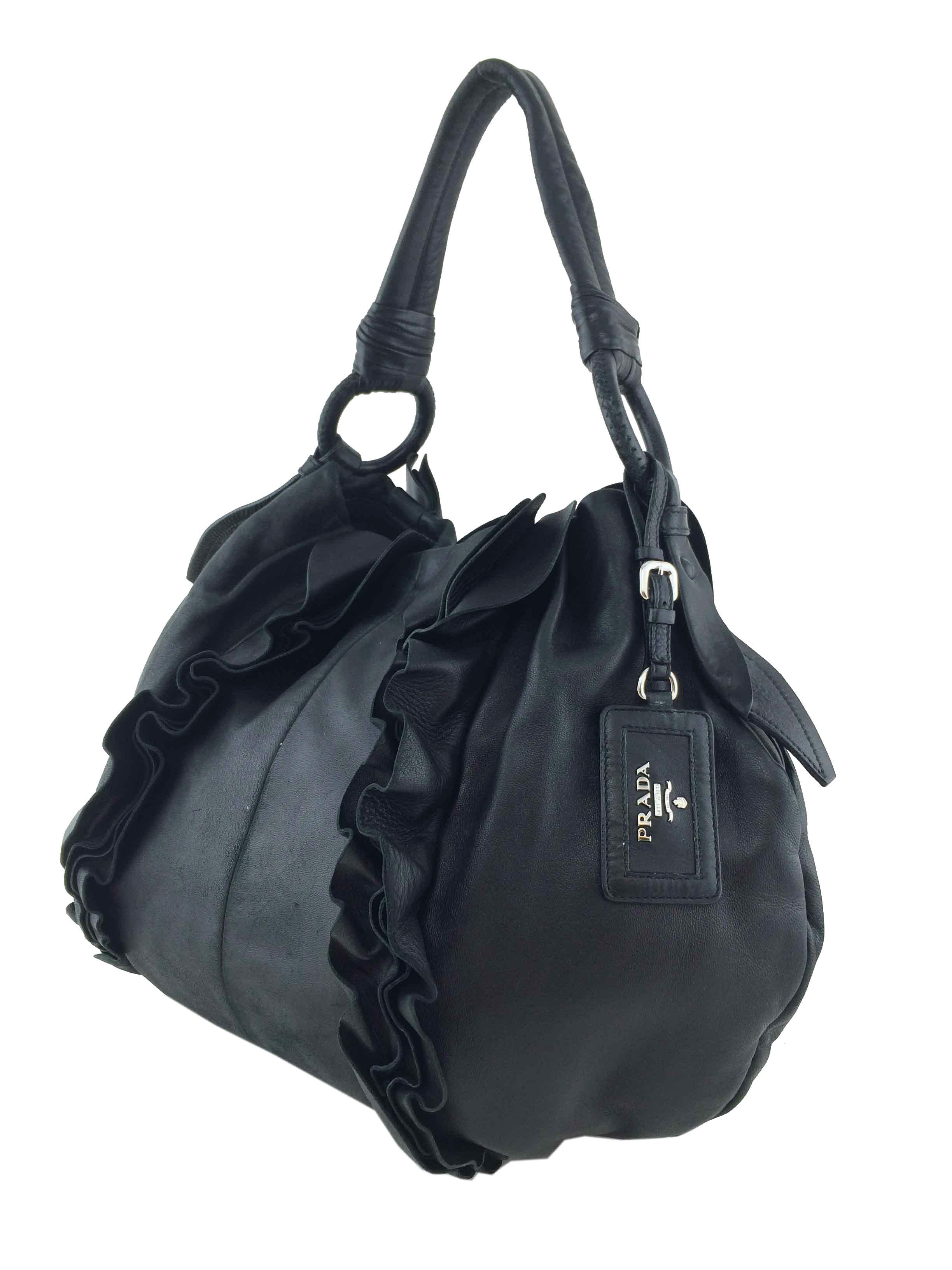 Prada Nappa Leather Ruffle Hobo Bag - Women's Designer Shoulder Bag for Work, Travel & Everyday Use