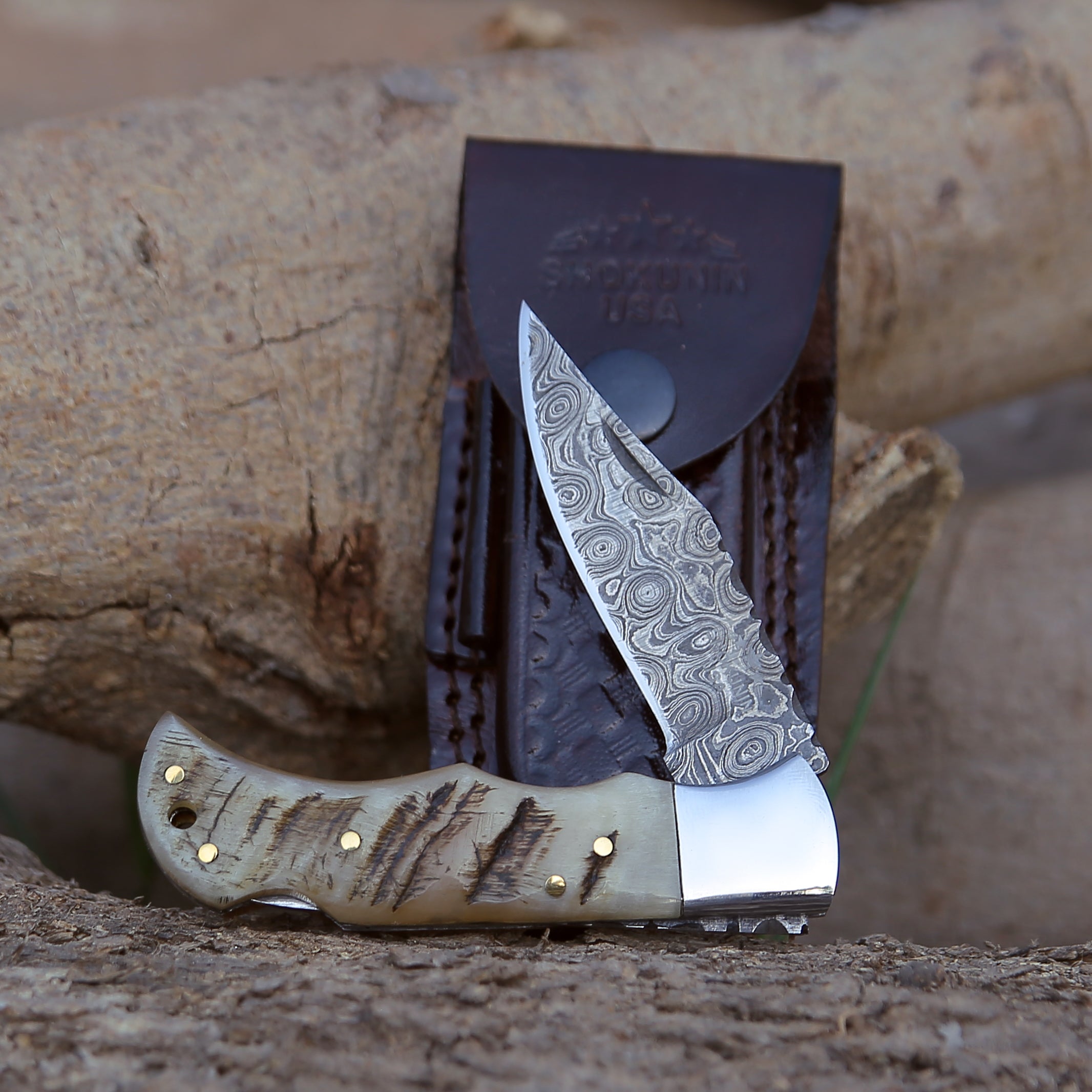 Premium Damascus Steel Pocket Knife with Exotic Ram Horn Handle & Leather Sheath - Perfect for Camping, Hunting, and Outdoor Adventures