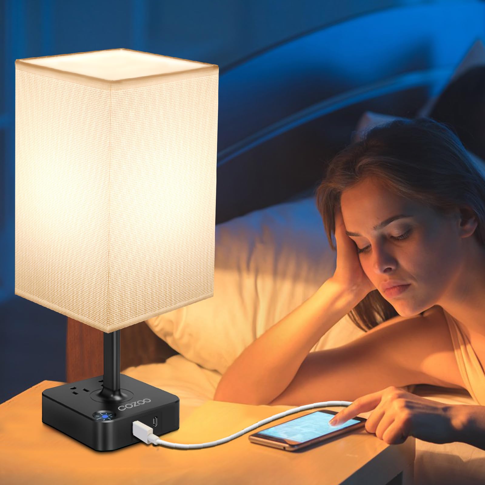 COZOO Modern Bedside Table Lamp with 2 USB Ports & 2 AC Outlets - White Fabric Shade LED Night Light with Charging Station for Bedroom, Living Room, Dorm | Perfect for Reading, Working & Phone Charging at Night