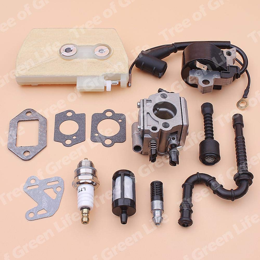 Stihl 038 MS380 MS381 Chainsaw Carburetor Ignition Coil Replacement Parts Kit - Includes Air Filter, Fuel Line, Oil Filter, Spark Plug & Gasket (1119 120 0650) - Perfect for Chainsaw Maintenance & Repair