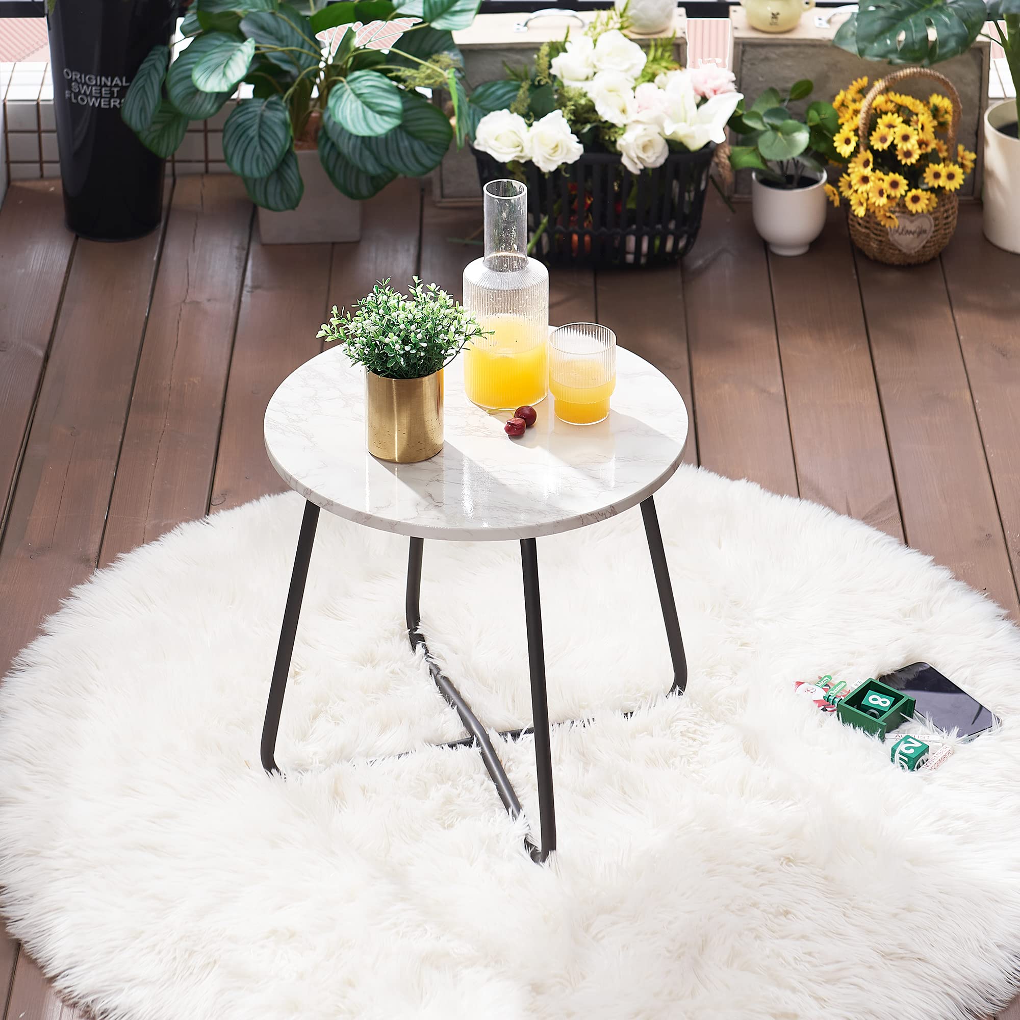 VECELO Outdoor Side Table Set of 2 - Small Round Metal Snack Table for Patio, Garden, Balcony, Yard & Living Room - Rust-Resistant Black & White Design - Perfect for Drinks, Snacks & Decor
