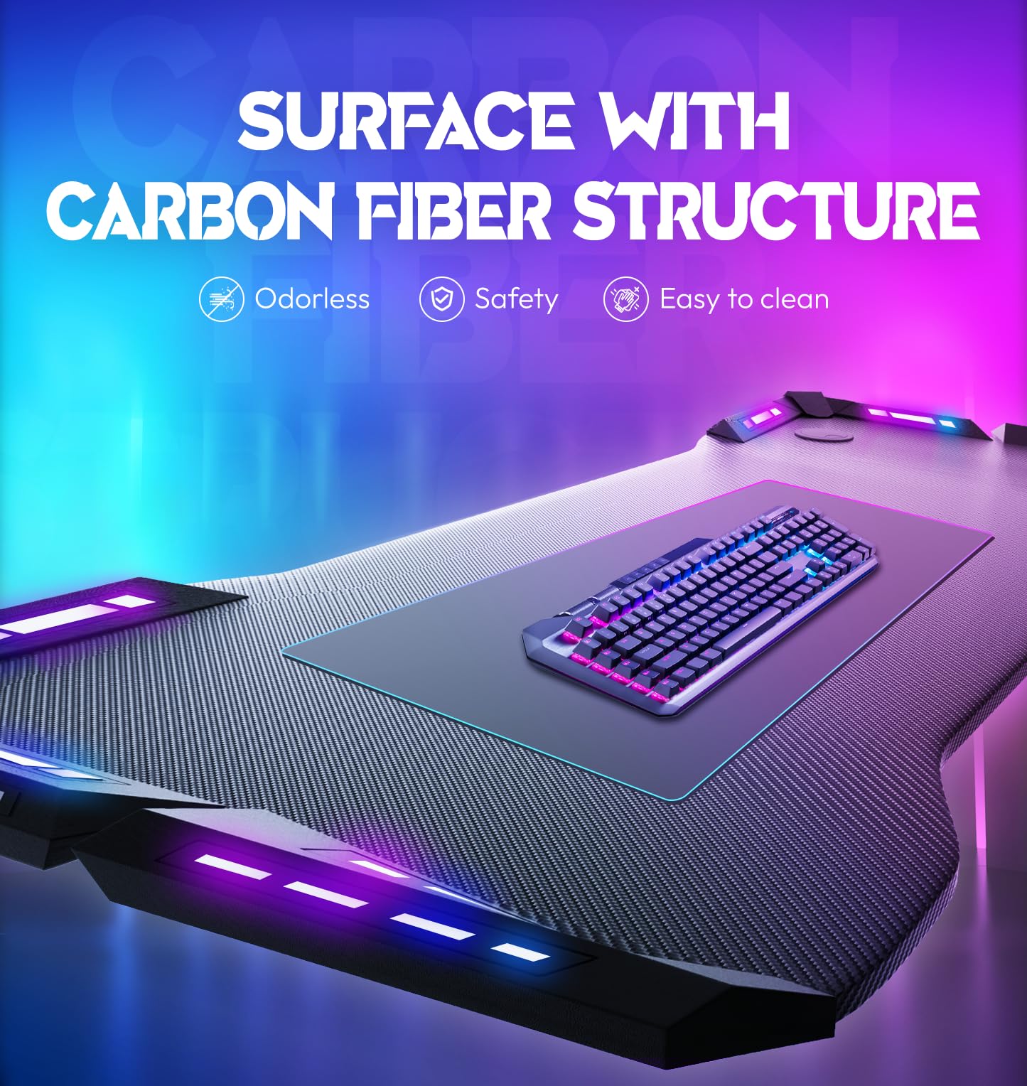 Dowinx RGB Gaming Desk with LED Lights & Carbon Fiber Surface - 55