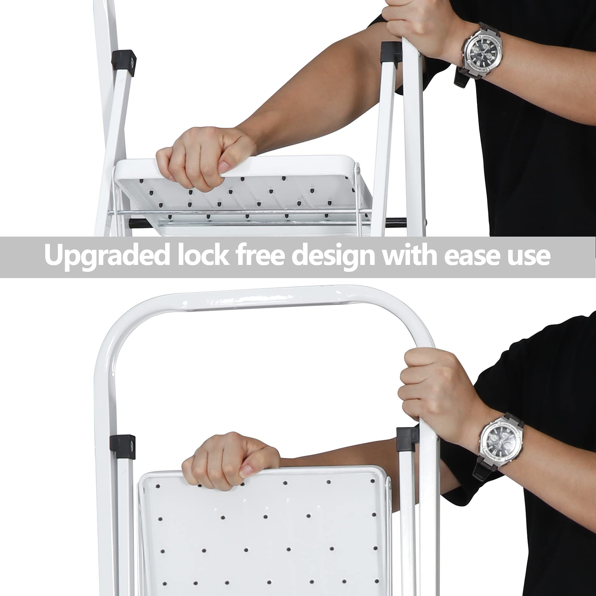 Folding 4 Step Ladder with Wide Anti-Slip Pedals & Handgrip - Portable Lightweight Stool for Home, Kitchen, Office - Sturdy Storage Shelf Rack in White & Black - Perfect for Reaching High Shelves and Home Organization