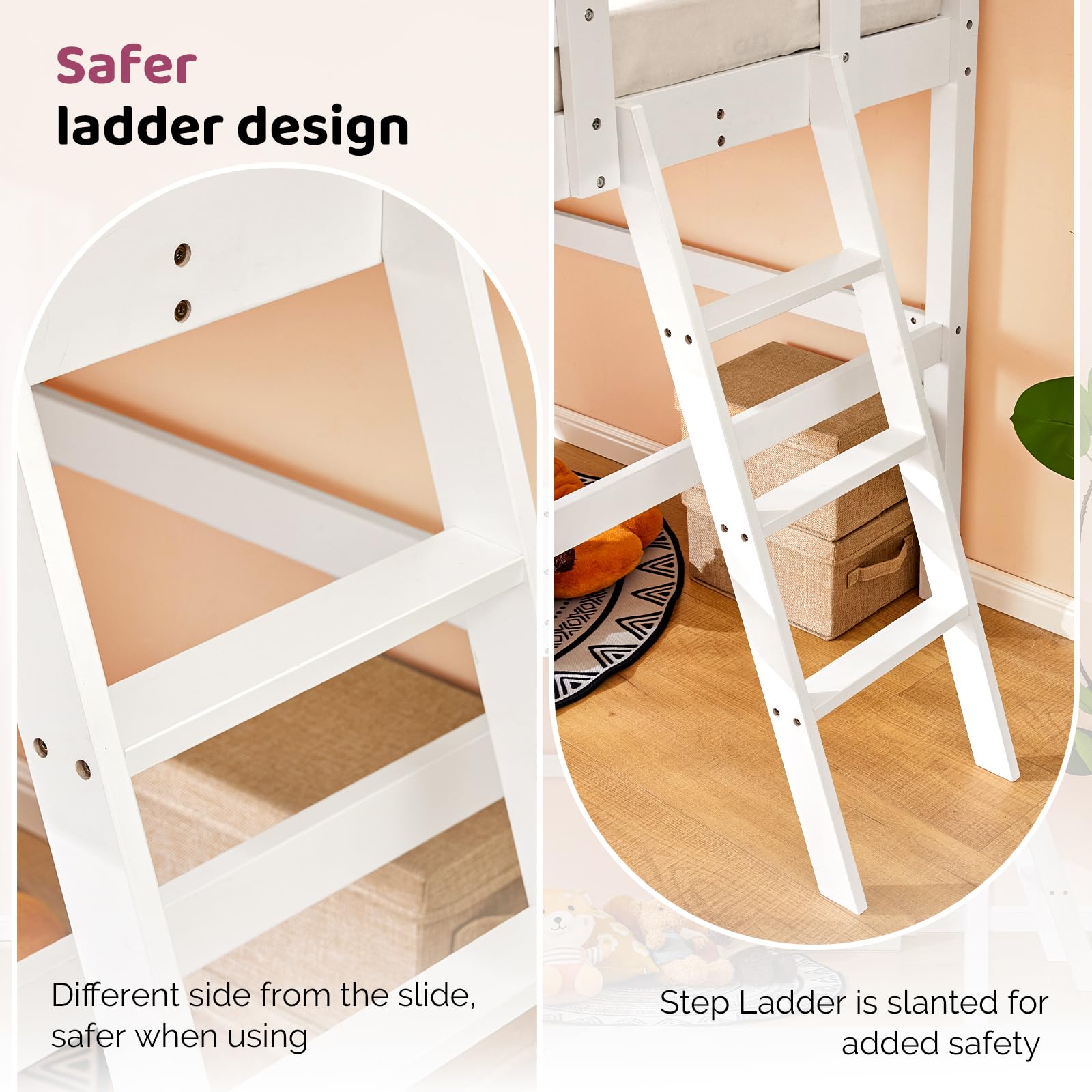 VINGLI Twin Loft Bed with Slide - Space Saving Kids Low Loft Bed with Guardrail & Ladder - Sturdy Pine Wood Bed Frame for Boys & Girls (White) - Perfect for Small Bedrooms & Playrooms
