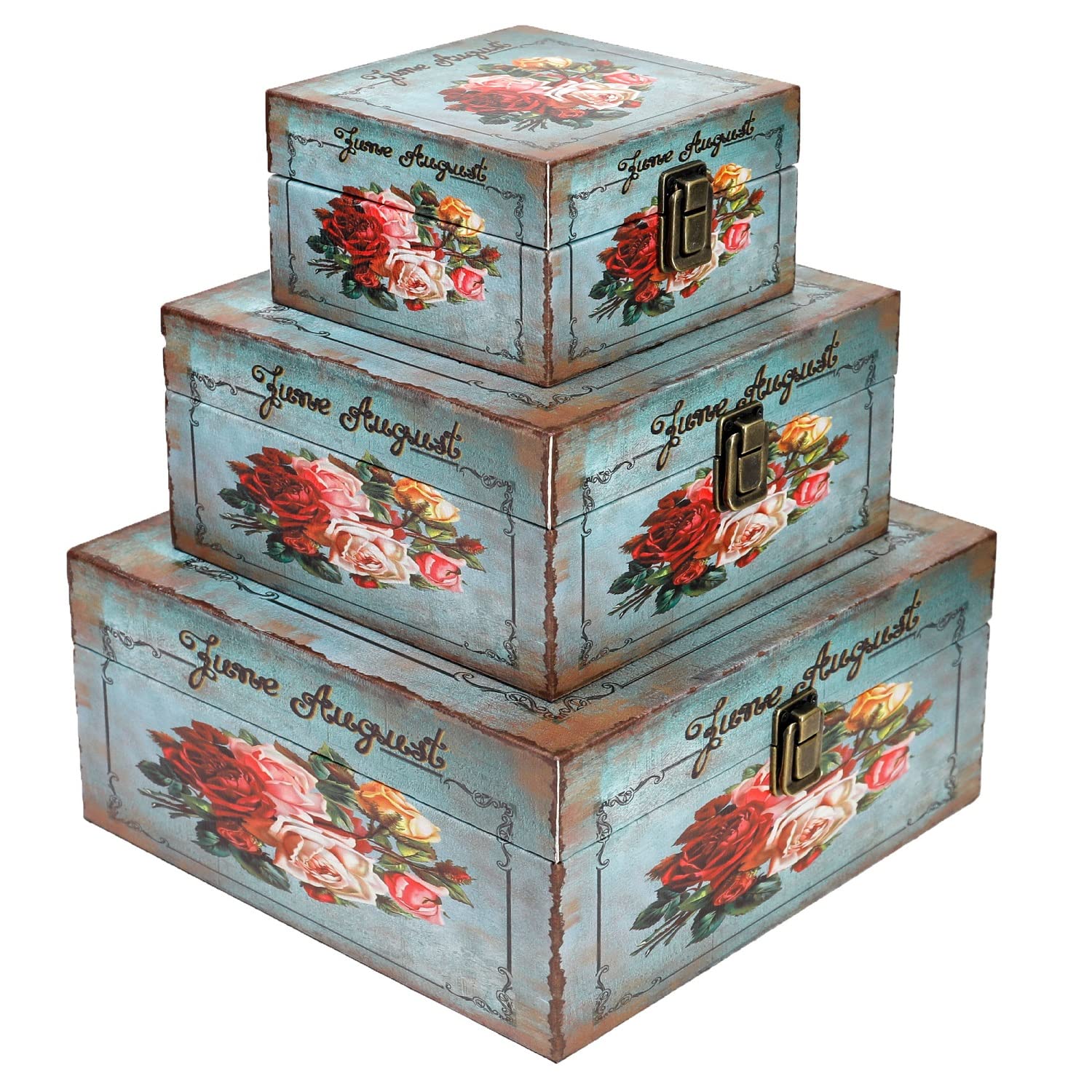 Jolitac Set of 3 Vintage Wooden Storage Boxes with Latch - Rustic Decorative Nesting Crates for Home Decor, Jewelry, Photos & Cash Storage - Perfect for Bedroom, Living Room & Office Organization (Bloom)