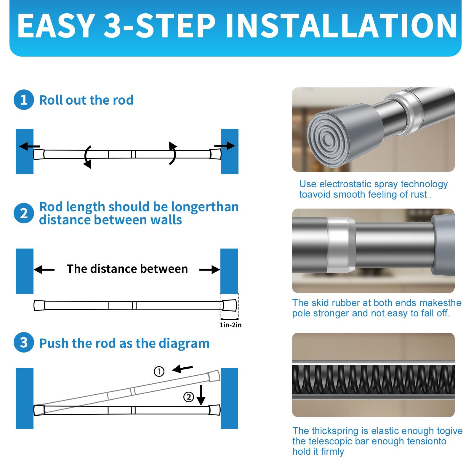 Adjustable Tension Curtain Rod 26-36 Inch - No Drill Expandable Spring Shower Rod for Windows, Bedroom, Doorway & Closet - Silver Finish for Easy Installation & Space Saving