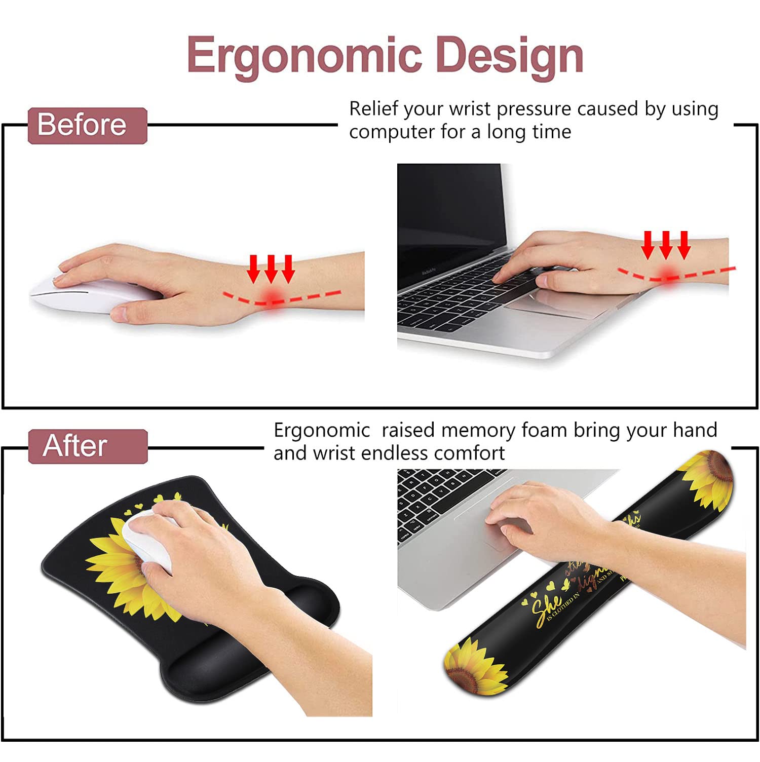 Ergonomic Memory Foam Mouse Pad & Keyboard Wrist Rest Set - Comfortable Support for Office, Home, Gaming & Laptop Use - Sunflower Christian Bible Verse Design (Black) - Perfect for Long Work Hours & PC Gaming Sessions