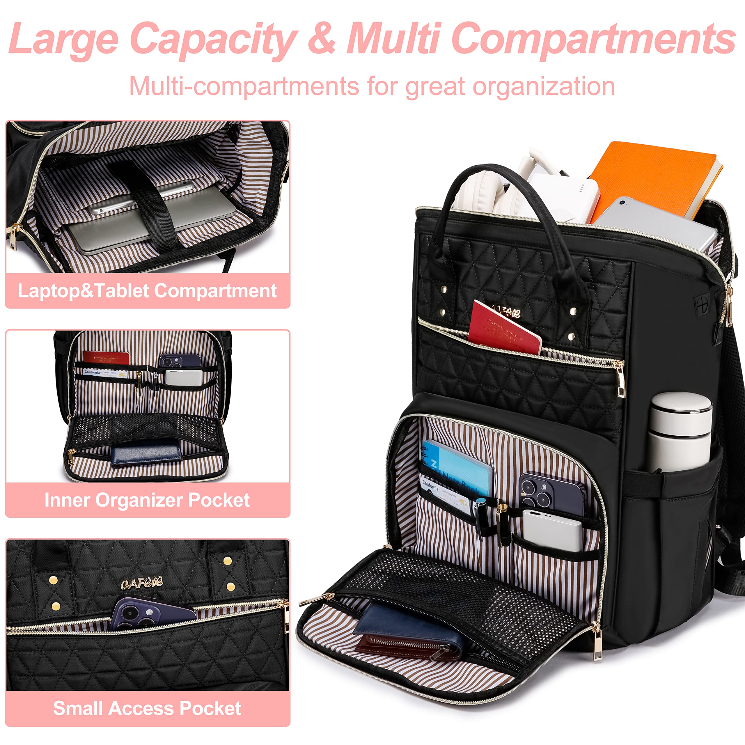 17.3 Inch Laptop Backpack for Women - Anti-Theft Business Backpack with USB Charging Port, Quilted Design - Perfect for Work, Travel & College (Black)