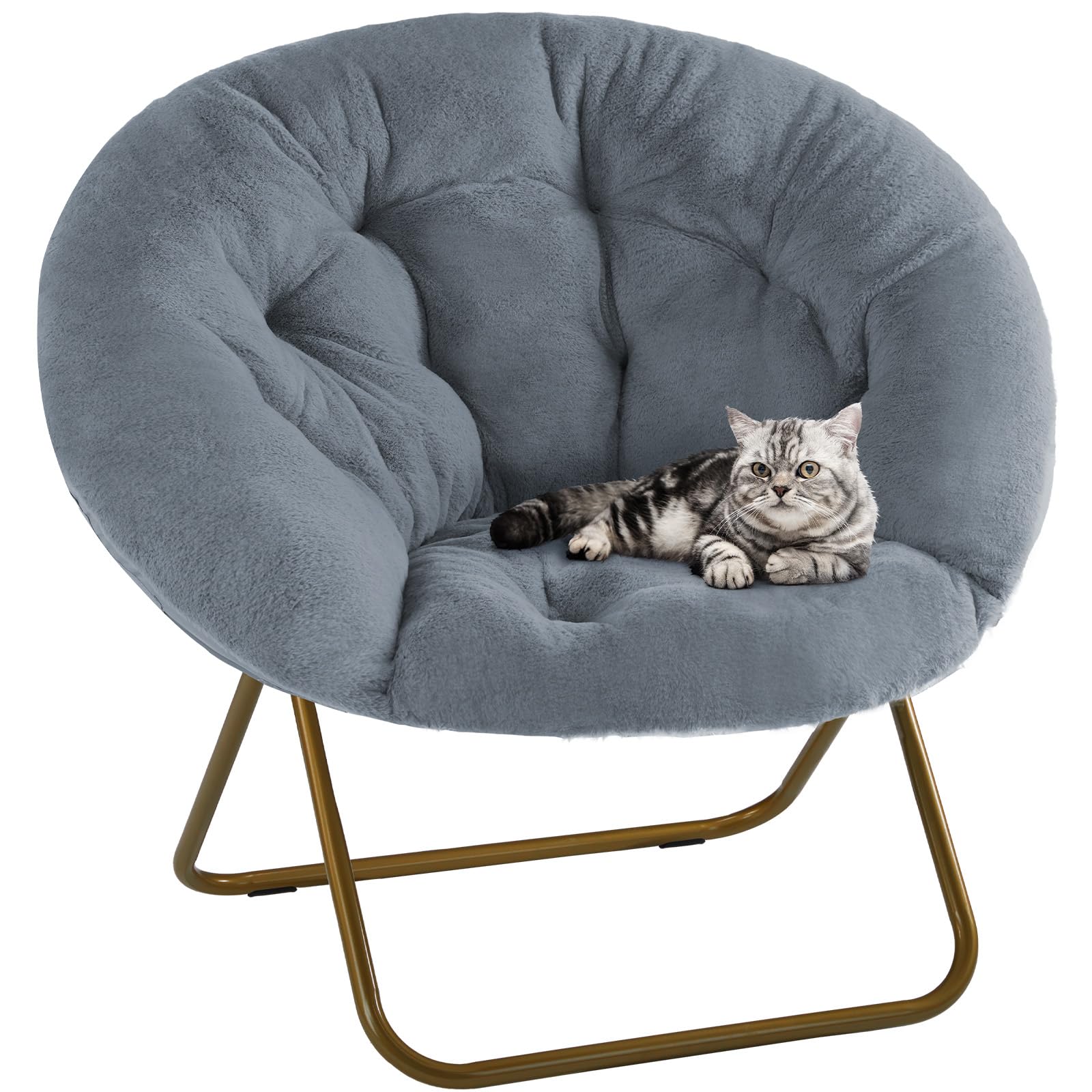 DUMOS Comfy Saucer Chair - Cozy Faux Fur Soft Lounge Seat with Thick Padding & Sturdy Metal Frame | Foldable Reading Chair for Bedroom, Living Room, Home Office | Perfect for Kids & Adults (Grey)