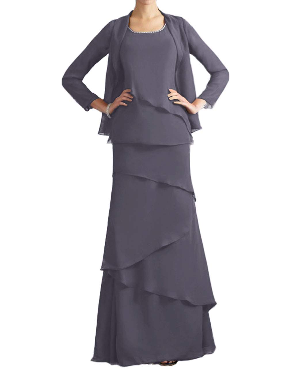 Elegant Mother of The Bride Dresses - Long Sleeve Chiffon Formal Evening Gown with Tiered Jacket for Weddings, Parties & Special Occasions