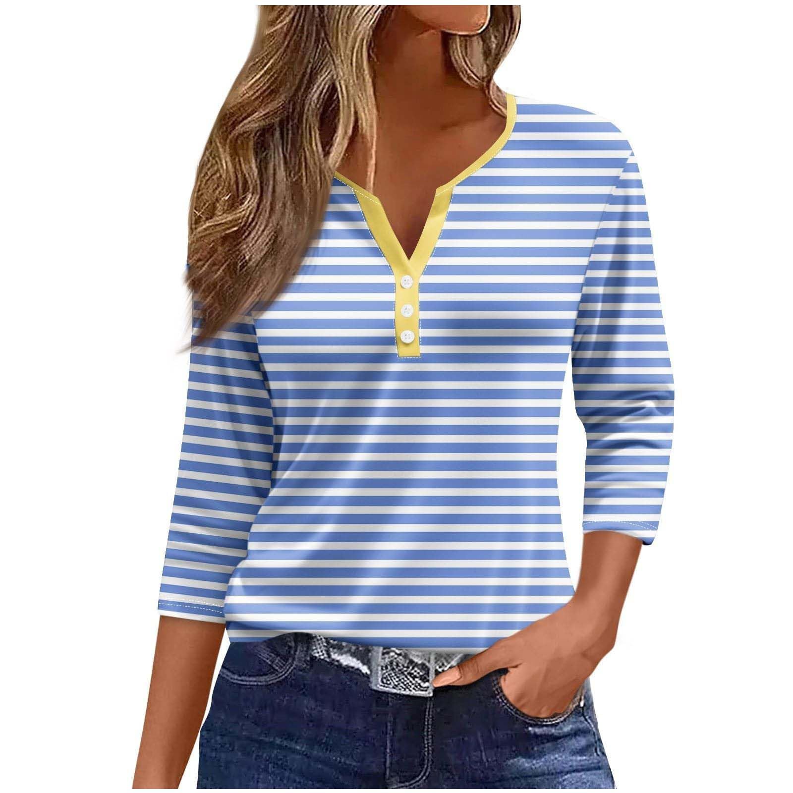 Women's 3/4 Sleeve V-Neck Button Down T-Shirt - Summer Casual Henley Blouse for Work & Weekend | Trendy Dressy Top for Office, Date Night & Outdoor Activities