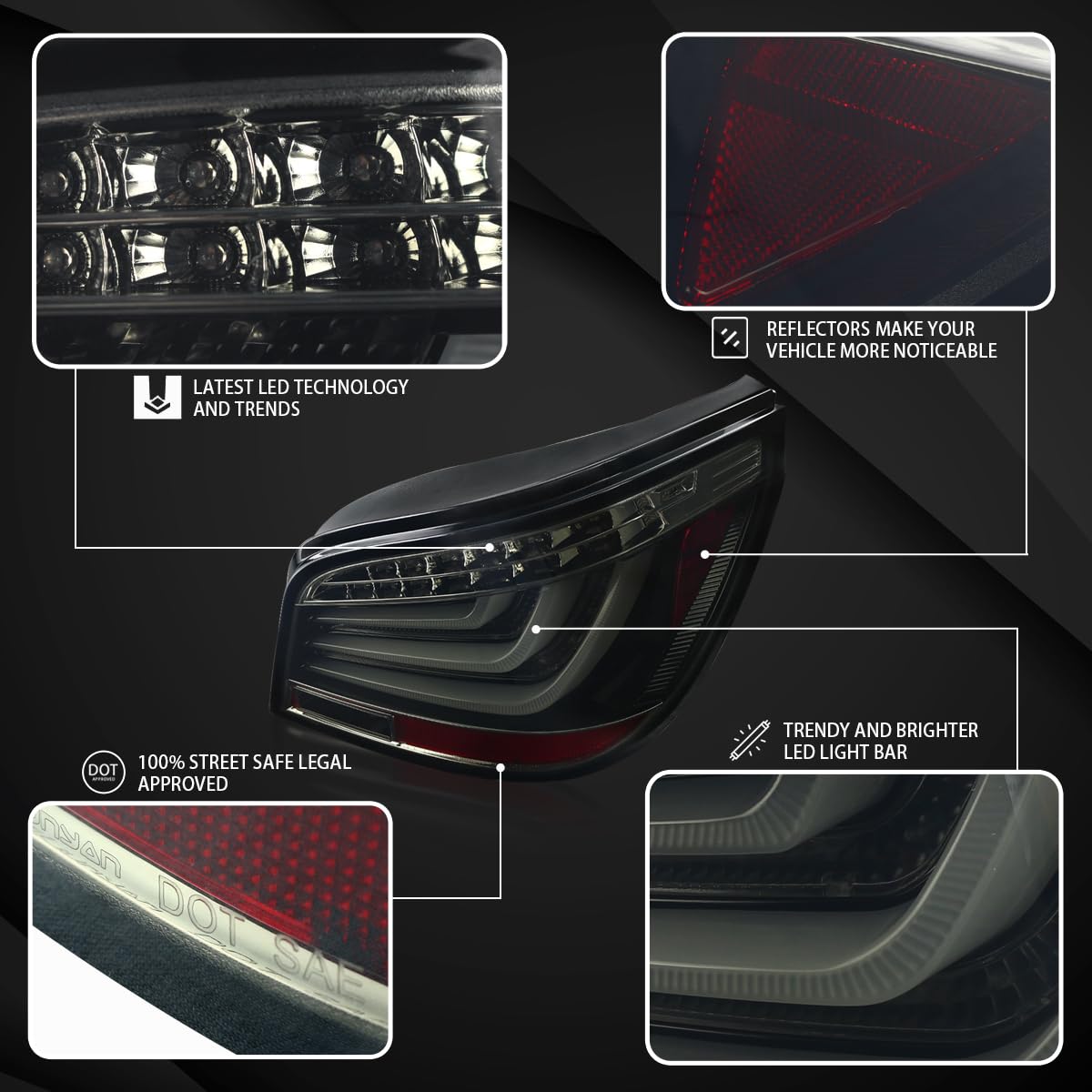 AUTOZENSATION LED Tail Lights for 2008-2010 BMW E60 5-Series 4-Door Sedan - Glossy Black Smoke Left & Right Pair Assembly - Enhanced Visibility & Style Upgrade for Night Driving