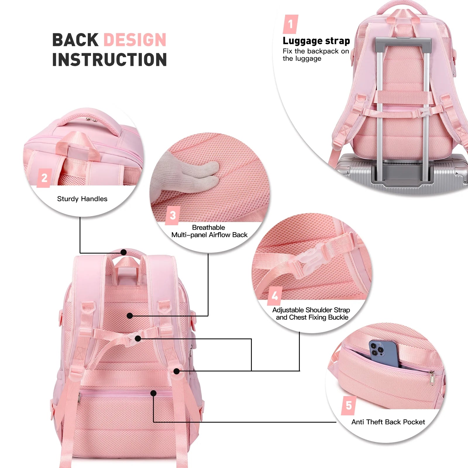 Amalodie SW688704 17-Inch Travel Laptop Backpack - Lightweight Carry-On Backpack for Women, Pink | Perfect for Business Trips, College & Airplane Travel