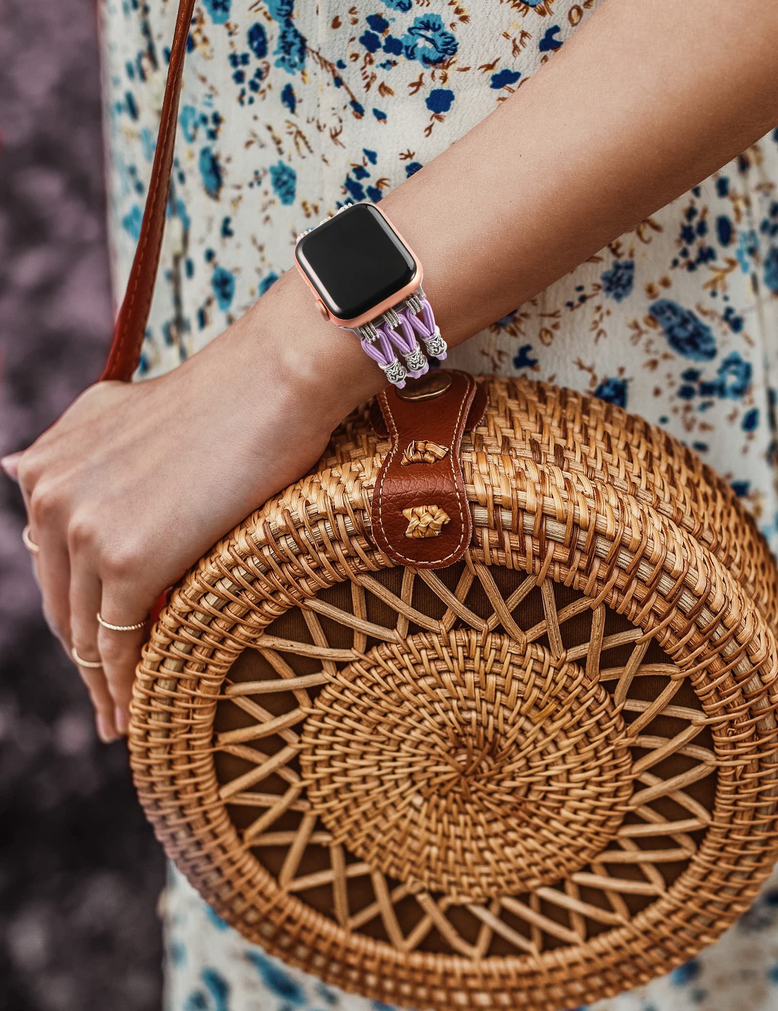 TOYOUTHS Beaded Apple Watch Band 42mm 41mm 40mm 38mm - Boho Braided Elastic Stretch Solo Loop Nylon Strap for iWatch Series 10 9 8 7 6 5 4 3 2 1 SE - Women's Fashion Bracelet for Workout, Office & Casual Wear