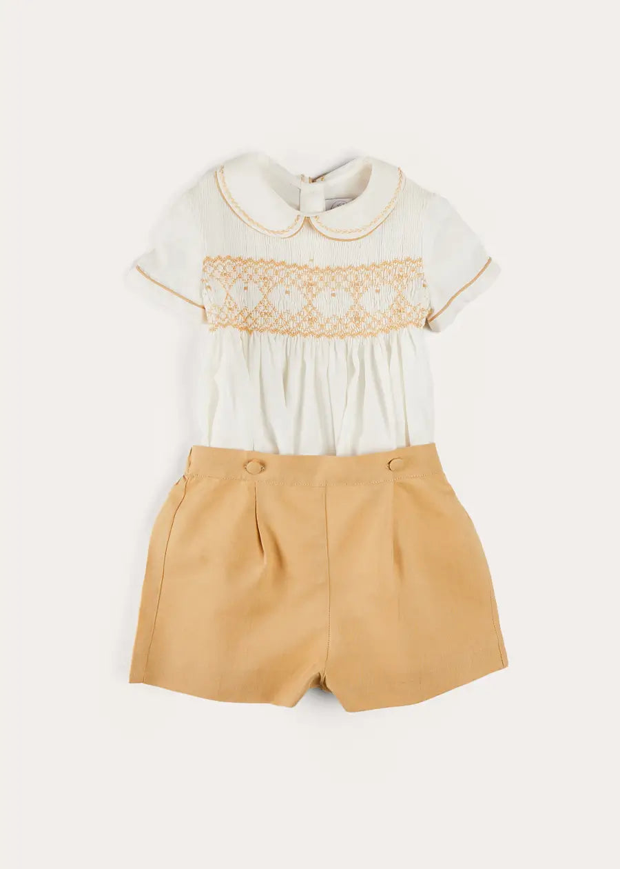 Hand Smocked Peter Pan Collar Short Sleeve Two Piece Set for Girls in Beige (18 Months to 6 Years) - Perfect for Birthday Parties, Photo Shoots & Special Occasions