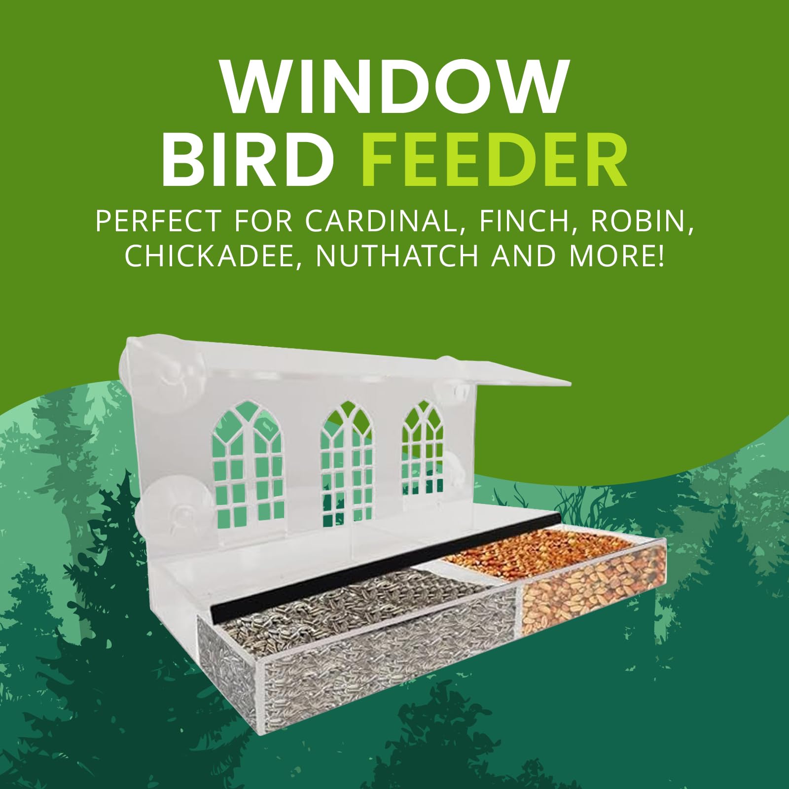 Nature Gear Acrylic Clear Window Bird Feeders - Weather Resistant, Easy to Clean with Sliding Tray & Strong Suction Cups - Perfect for Bird Watching at Home, Office, or Garden