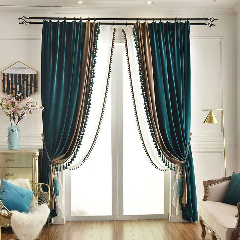 Luxury Velvet Curtains - Peacock Green & Cedar Gray Spliced Design for Living Room, Bedroom & Home Decor | Ethan American Premium Window Treatments for Elegant Interior Design