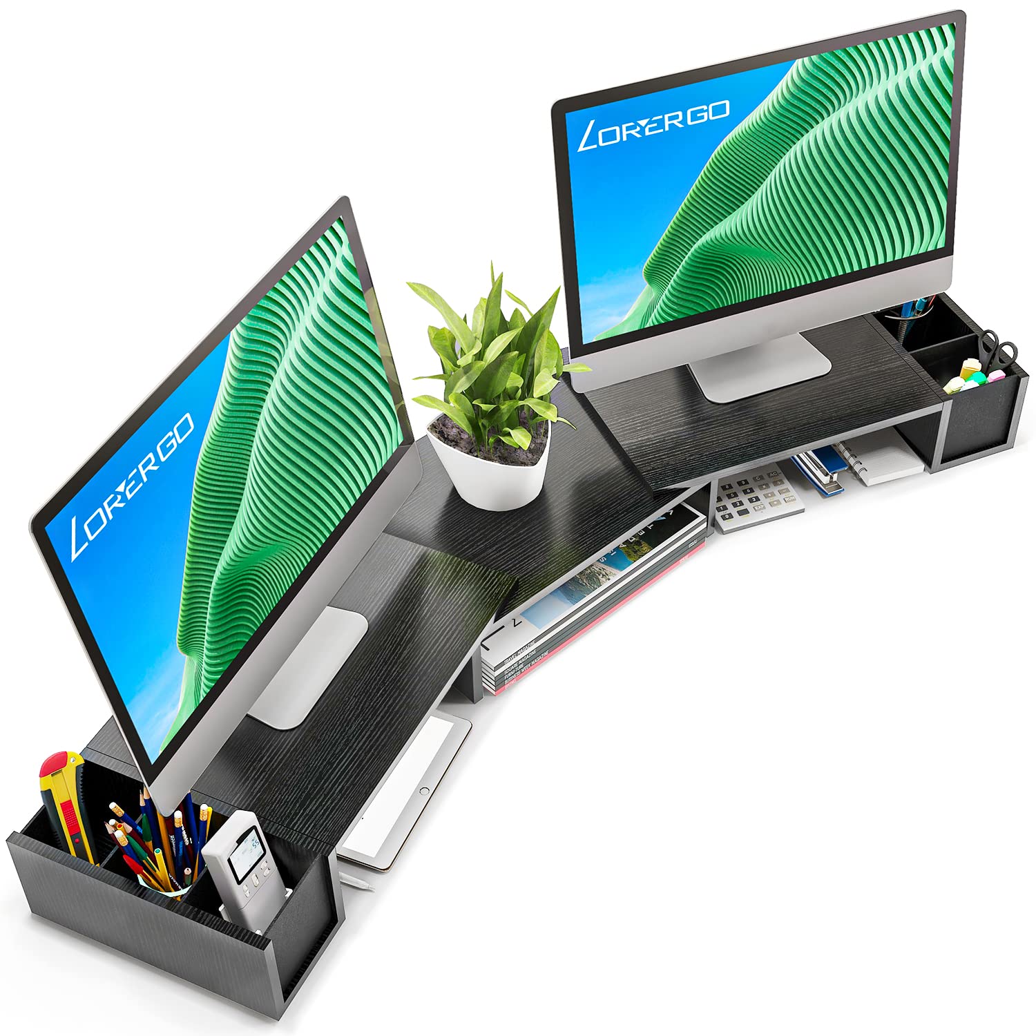 LORYERGO Adjustable Dual Monitor Stand with Laptop Holder & Storage Slots - Ergonomic Height & Angle Adjustment for Home & Office Workspace