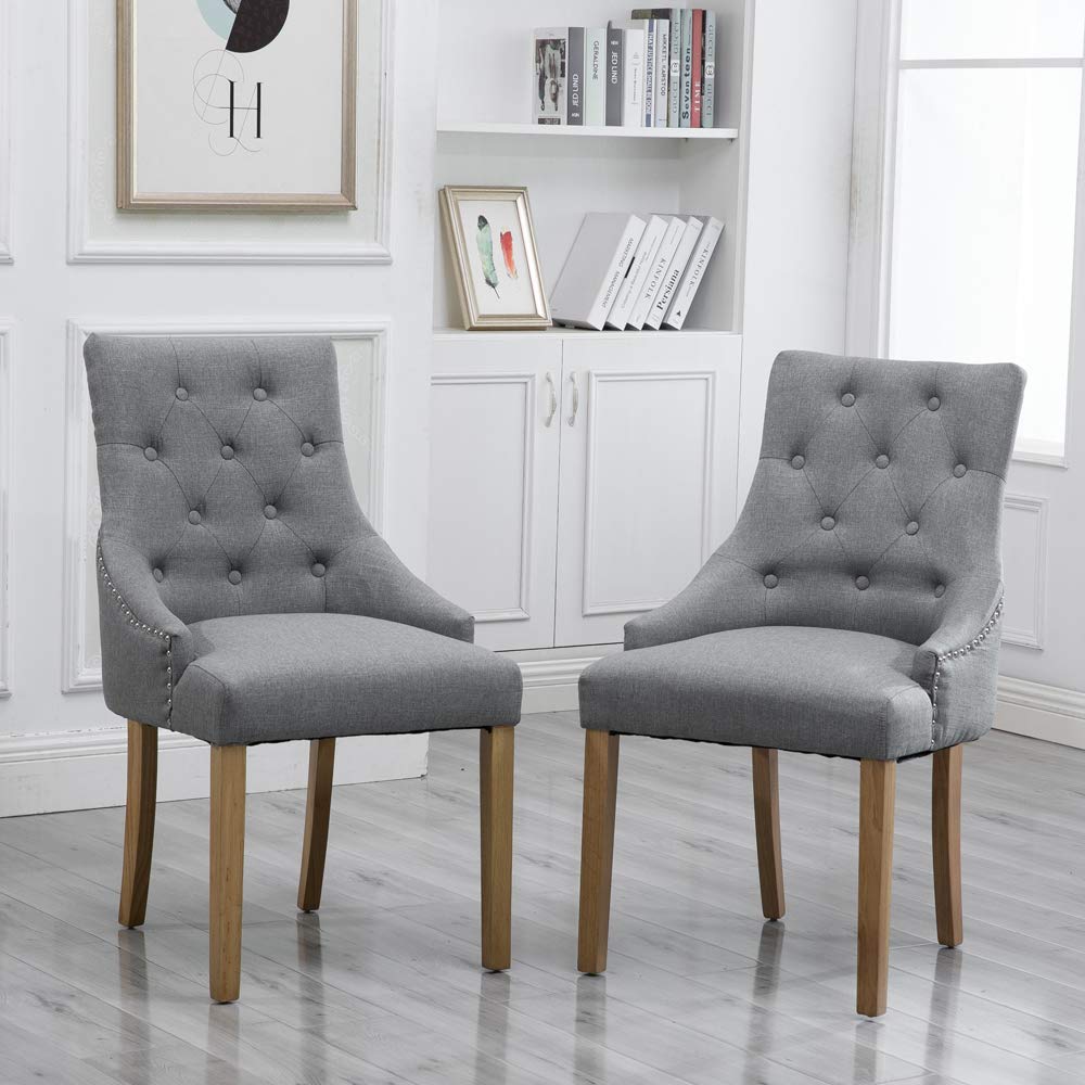Modern Grey Dining Chairs Set of 2 - Upholstered Linen Fabric Armchairs with Wooden Legs & Button Nailhead Design - Perfect for Kitchen, Dining Room, Living Room or Office Seating
